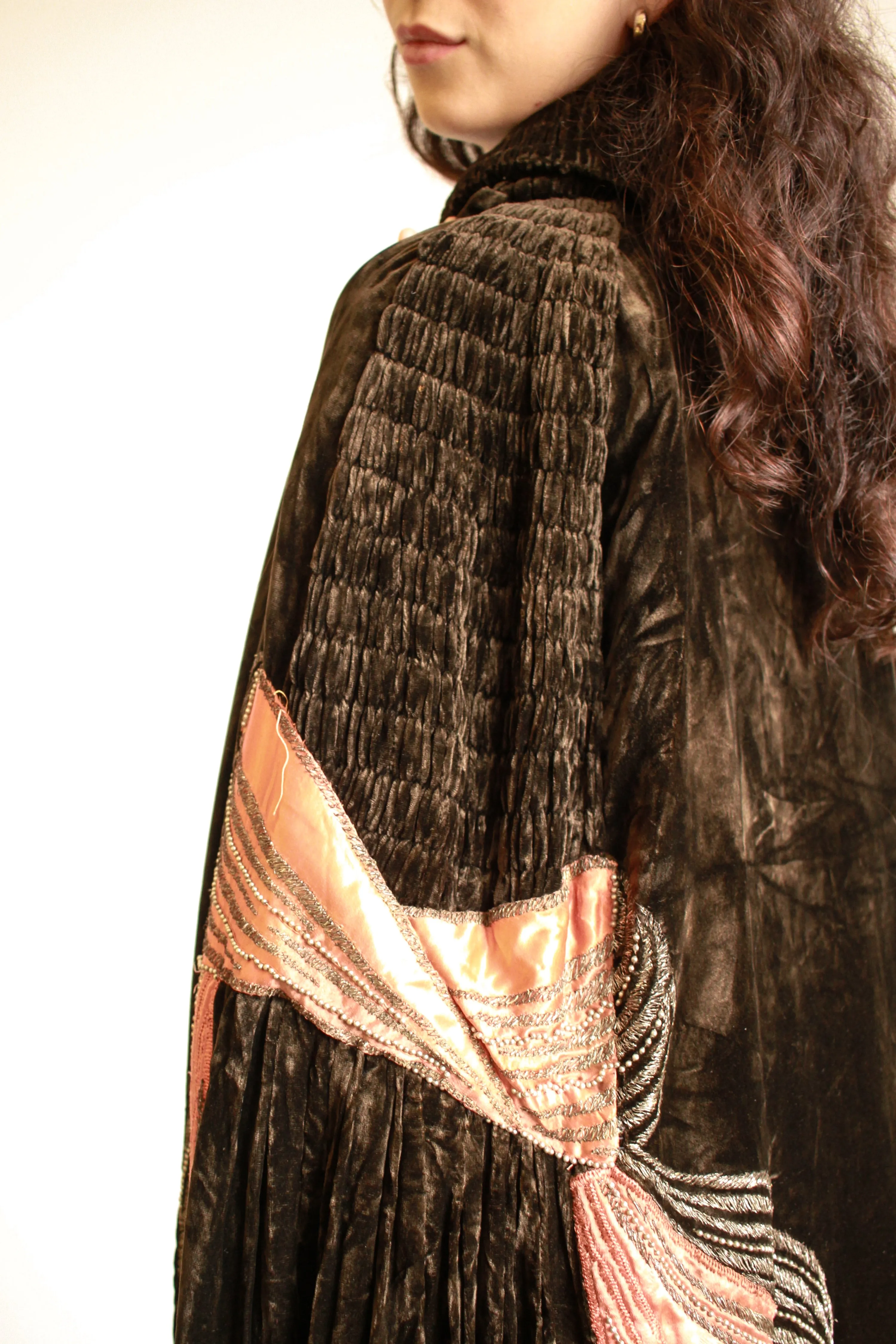 1920s Chocolate Brown Silk Velvet Lamé Ribbon Opera Cape