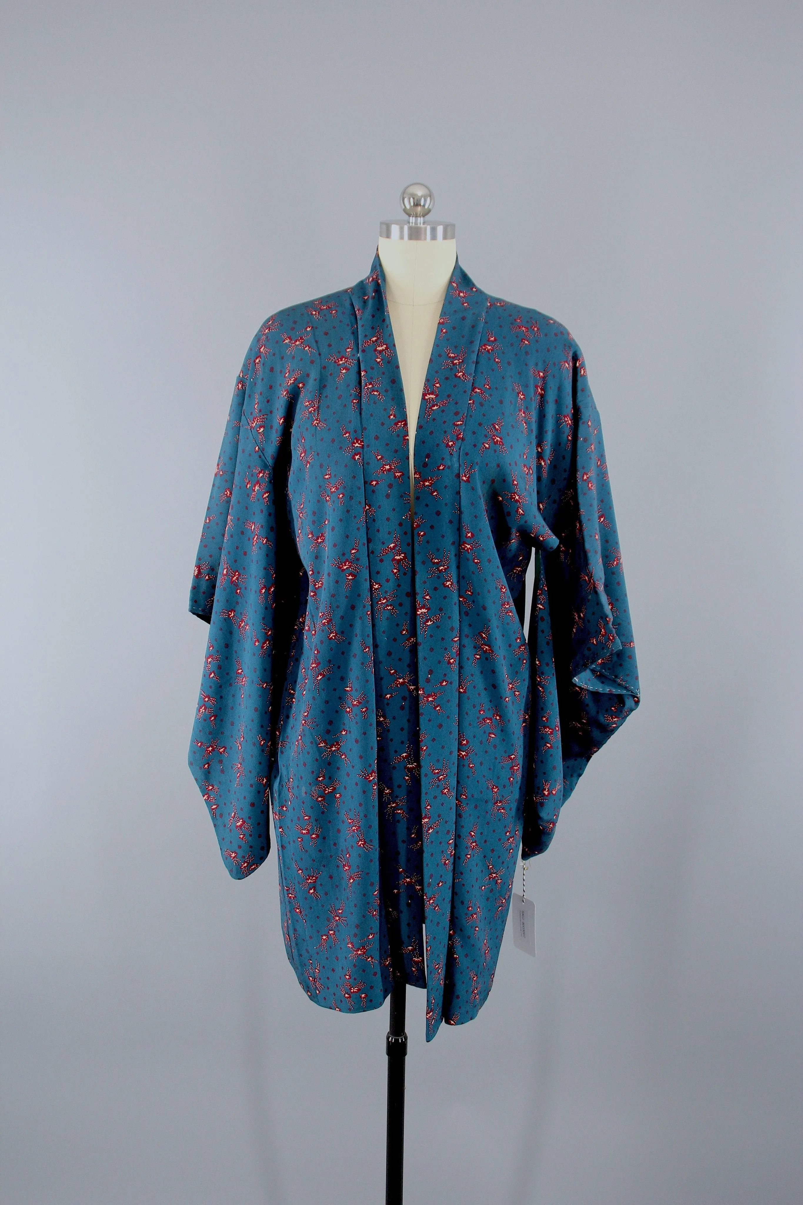 1930s Vintage Silk Haori Kimono Jacket Cardigan / Teal Blue Tiny Floral Print