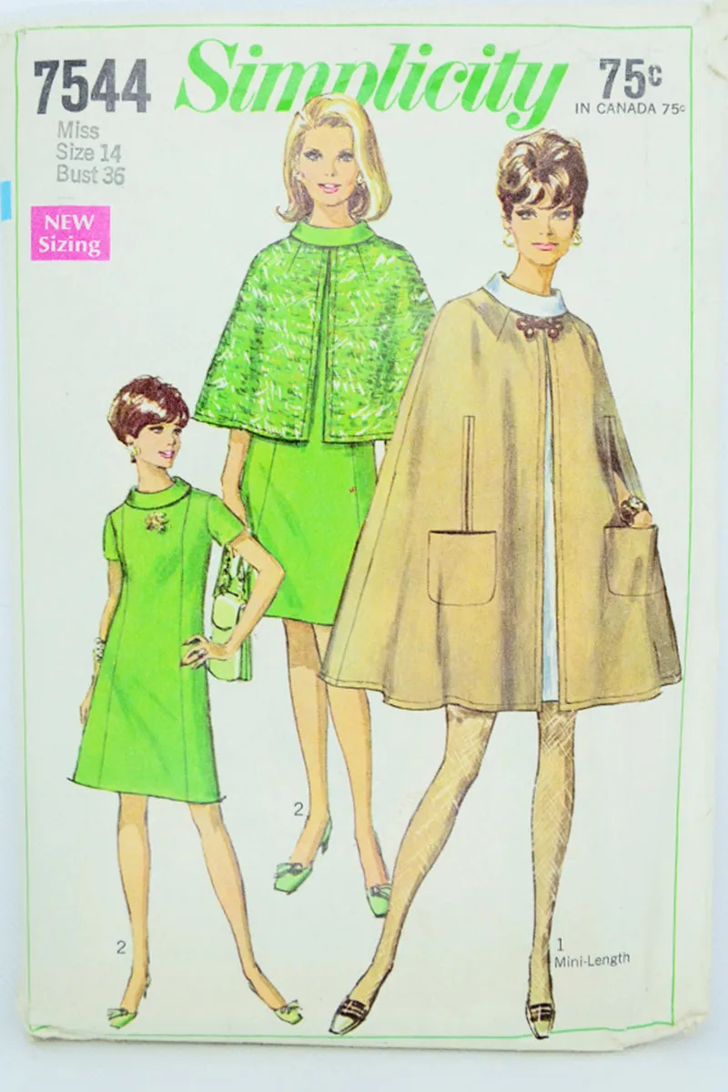 1968 Simplicity 7544 Vintage Sewing Pattern For Dress & Cape