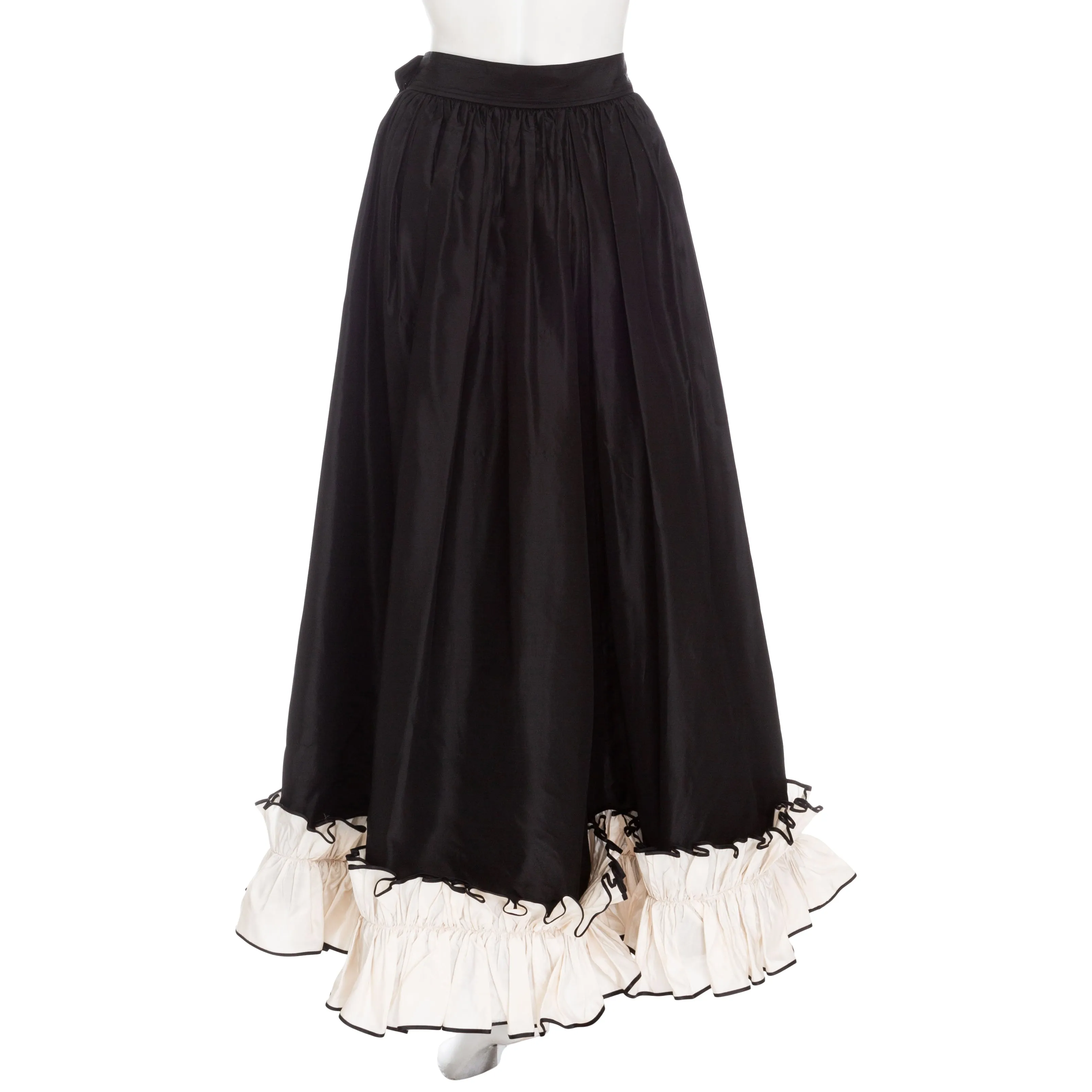 1970s Black and White Silk Taffeta Ruffled Two-Piece Top & Skirt Set