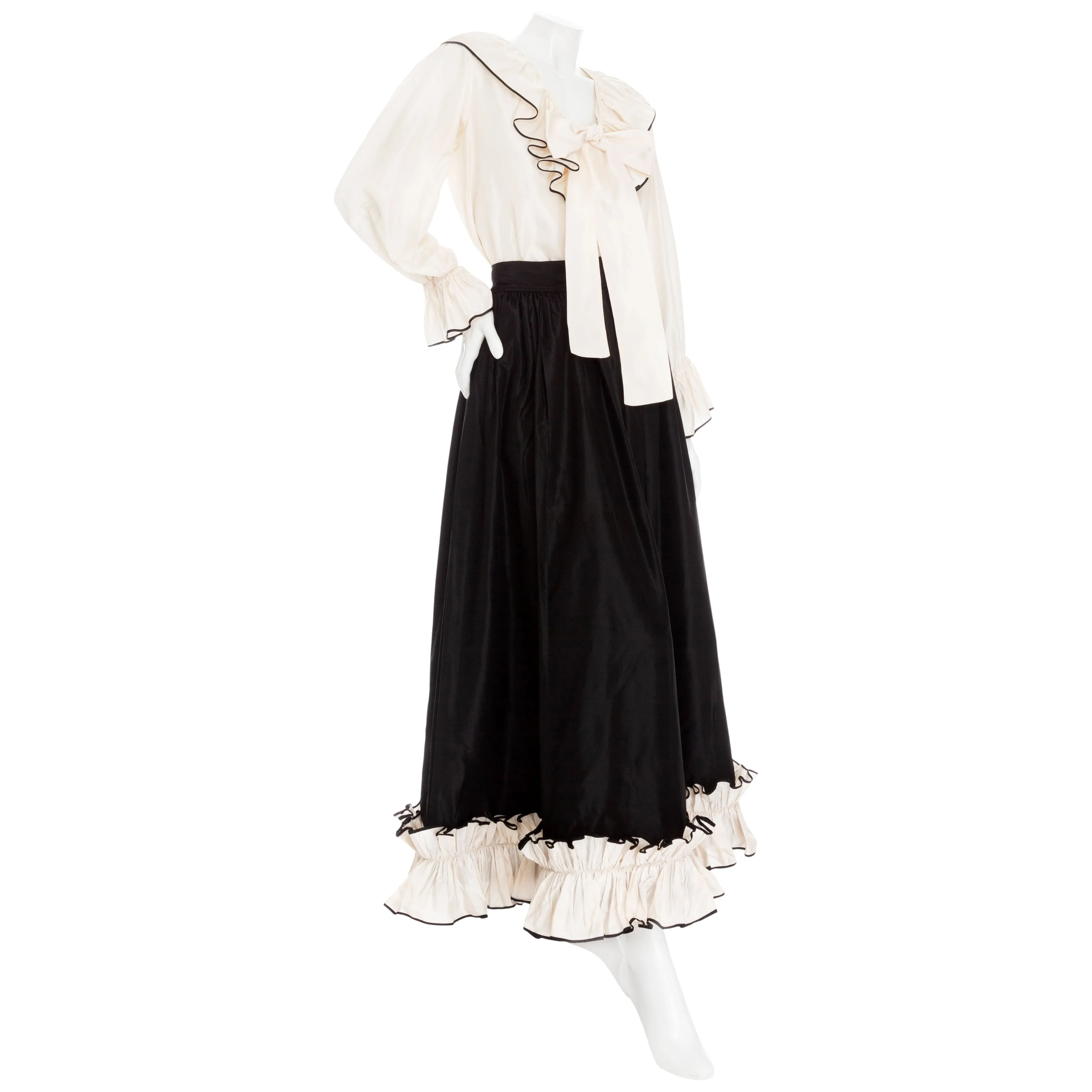 1970s Black and White Silk Taffeta Ruffled Two-Piece Top & Skirt Set