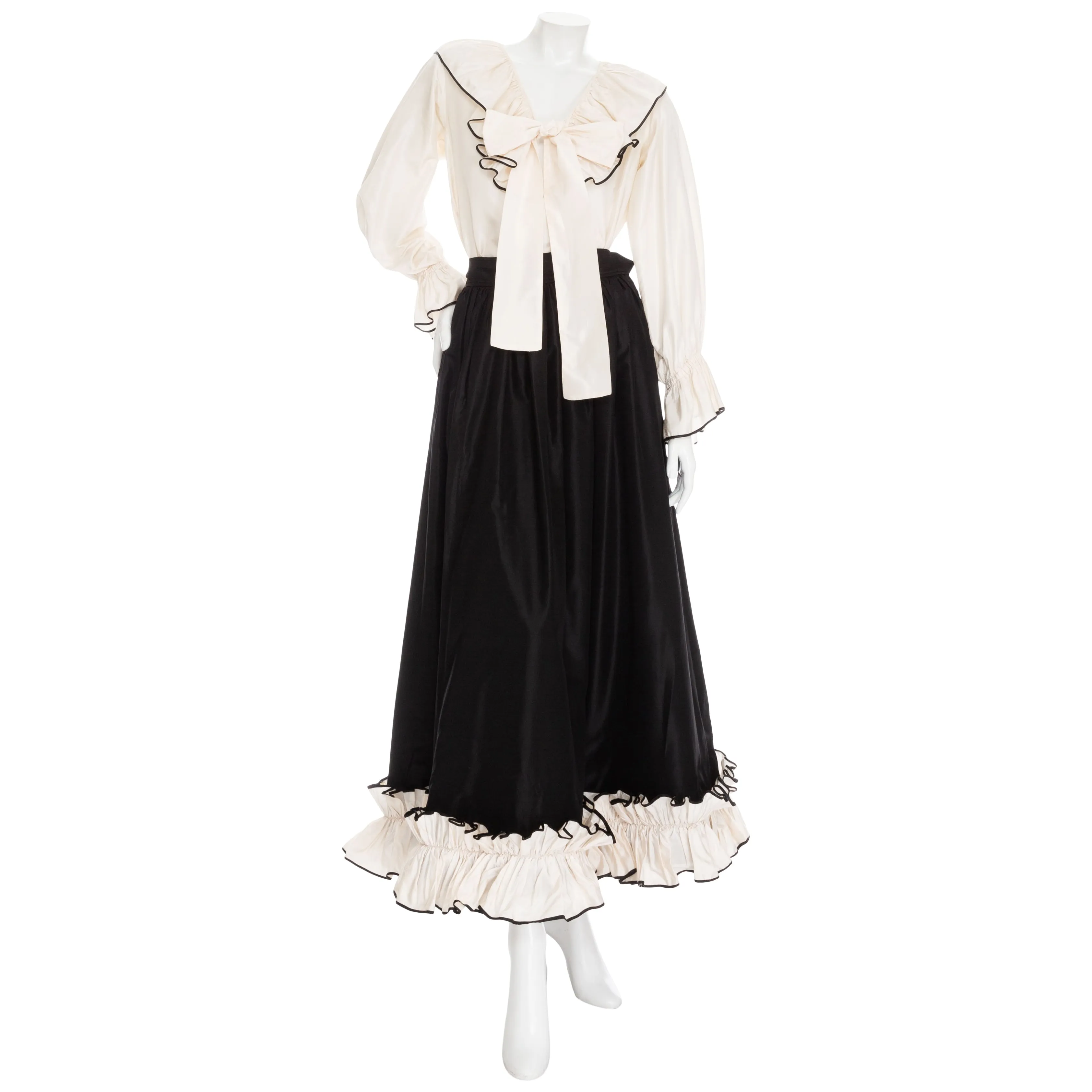 1970s Black and White Silk Taffeta Ruffled Two-Piece Top & Skirt Set