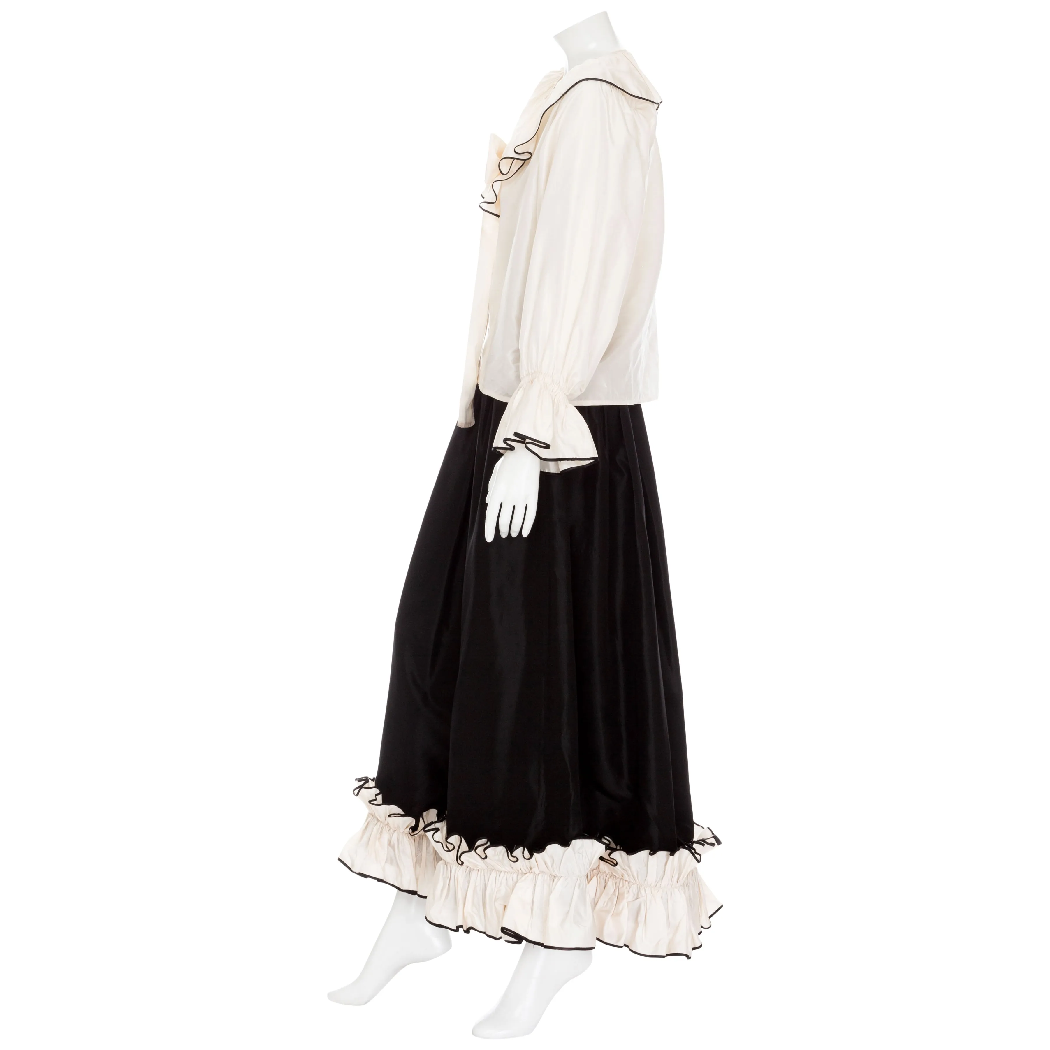 1970s Black and White Silk Taffeta Ruffled Two-Piece Top & Skirt Set