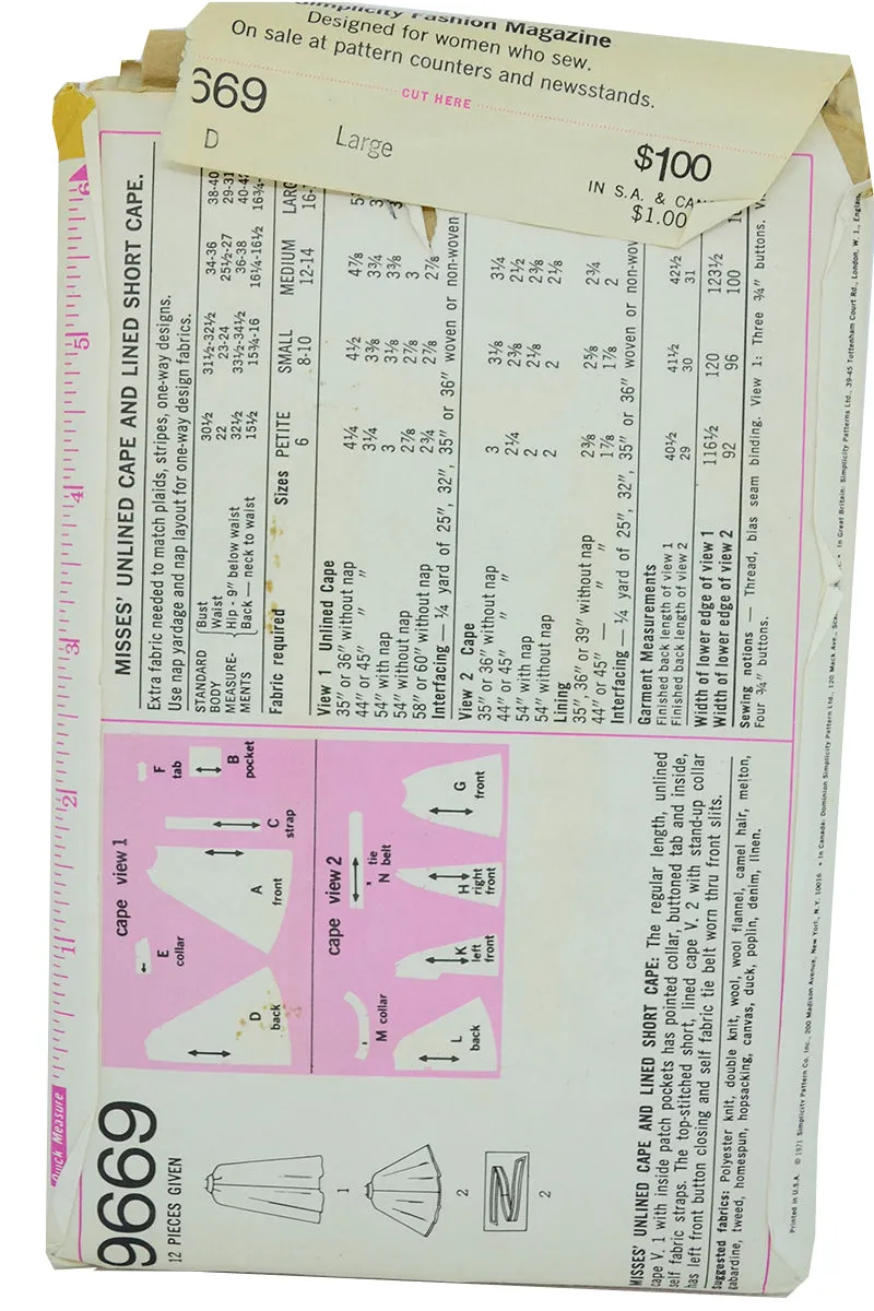 1971 Simplicity 9669 Sewing Pattern for Vintage Capes