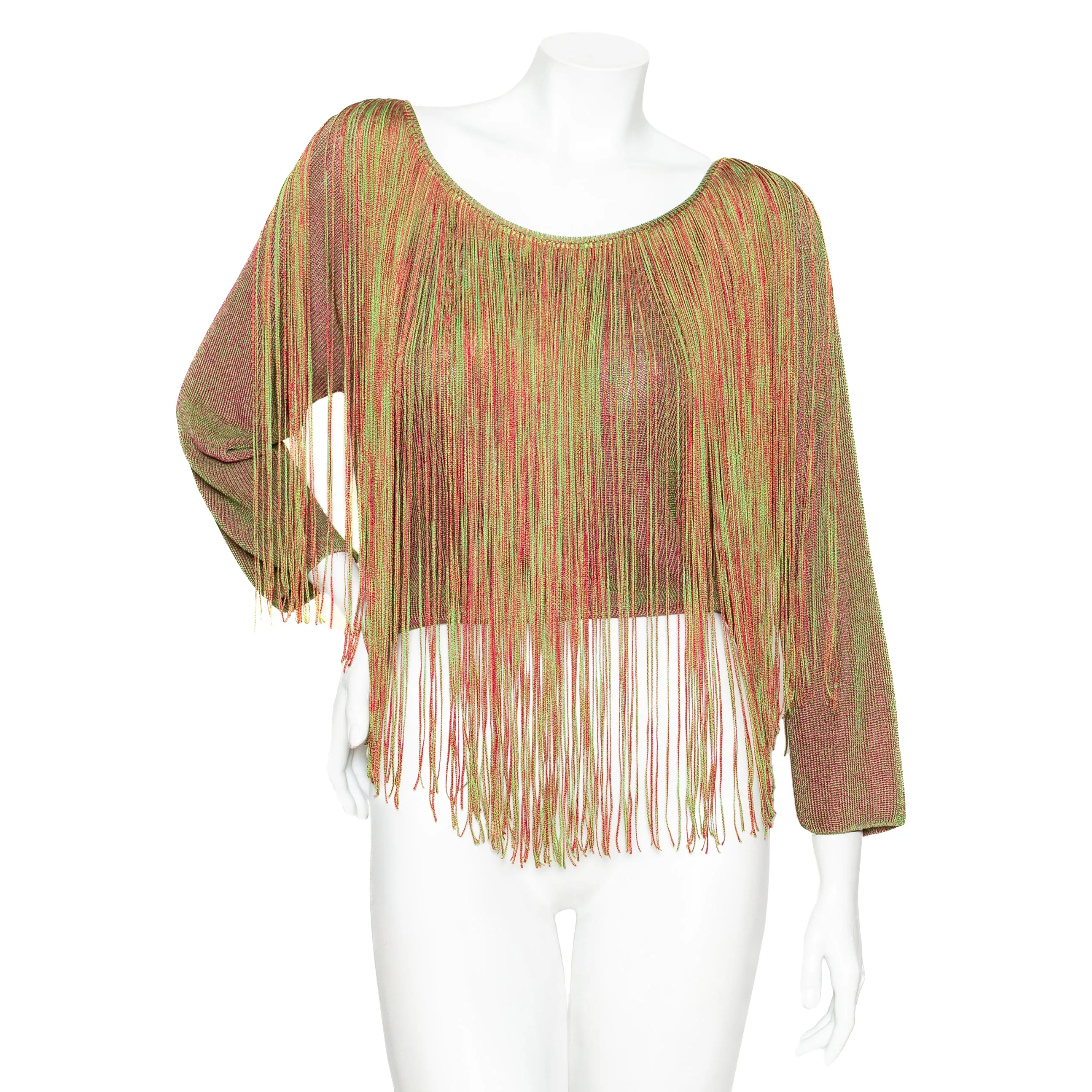 1980s Equator Red and Green Fringed Three-Piece Knit Top, Skirt, and Leggings Set