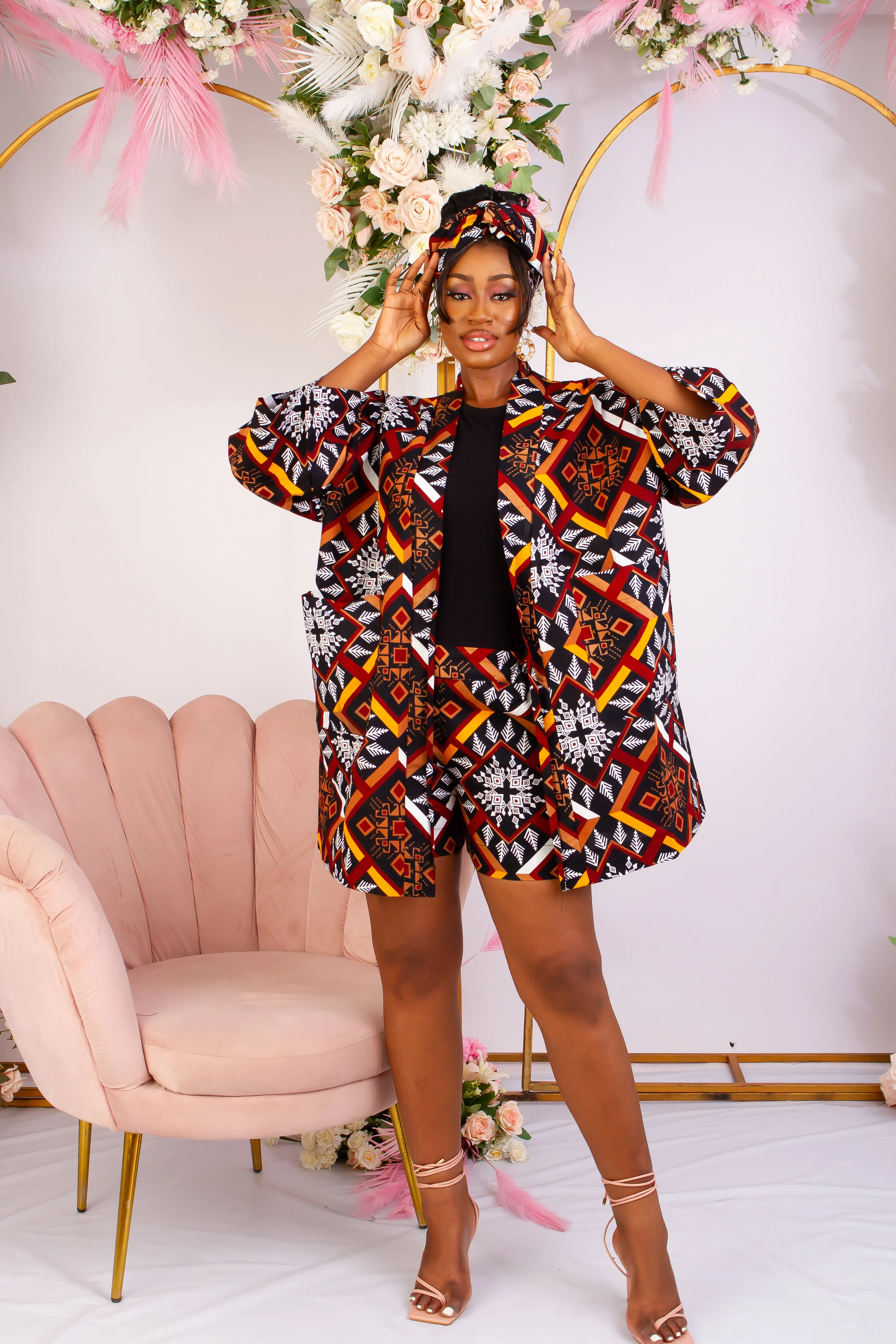 2 pcs African Tribal Print Kimono Jacket with matching Headwrap - Mmasi