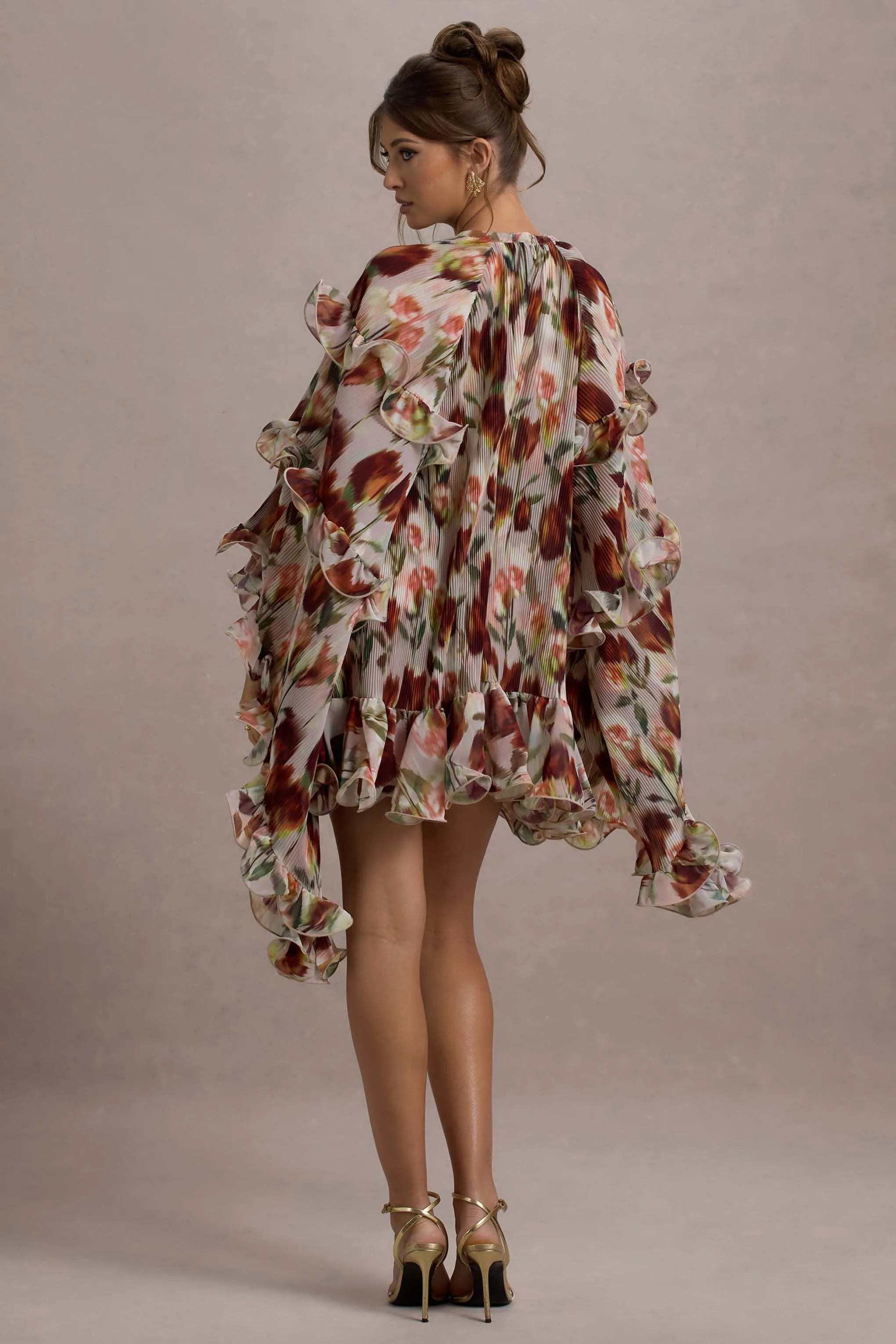 Abelia | Cream Floral Print High-Neck Cape-Sleeve Chiffon Mini Dress