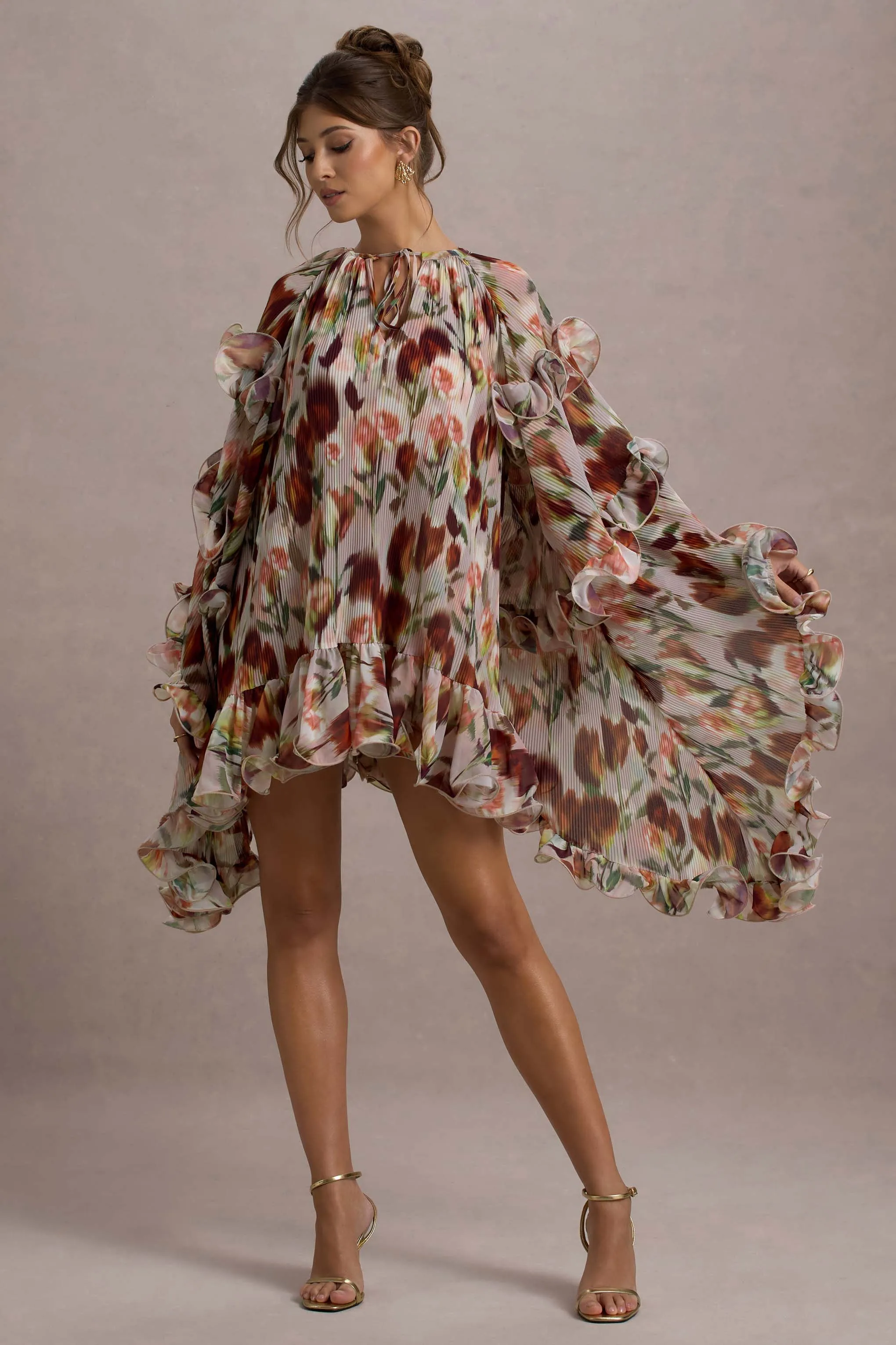 Abelia | Cream Floral Print High-Neck Cape-Sleeve Chiffon Mini Dress