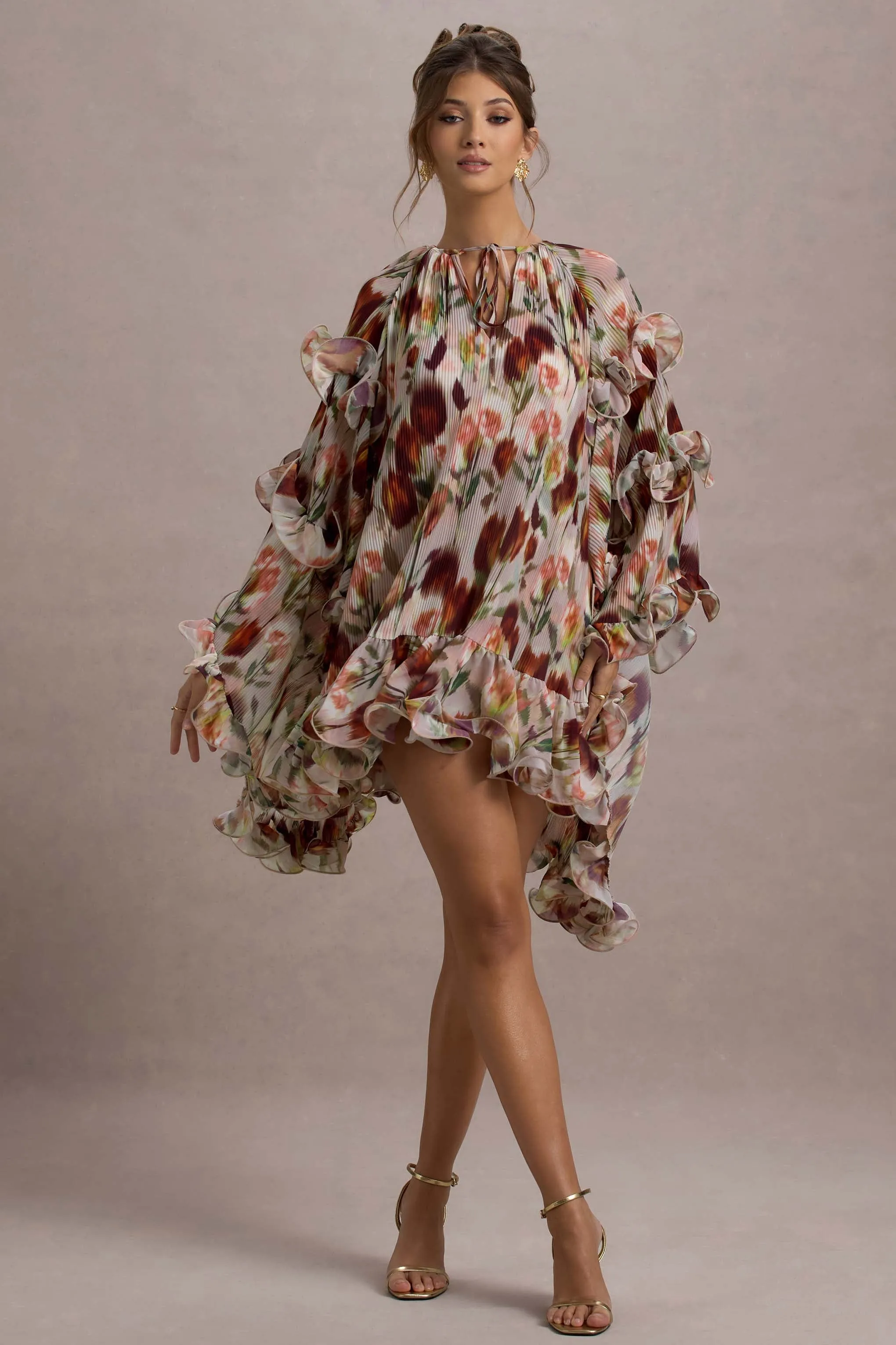 Abelia | Cream Floral Print High-Neck Cape-Sleeve Chiffon Mini Dress