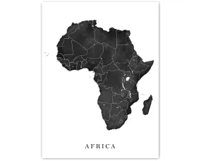 Africa Map Print Poster, Black and White Topographic Continent Wall Art Maps, Madagascar Cape Verde