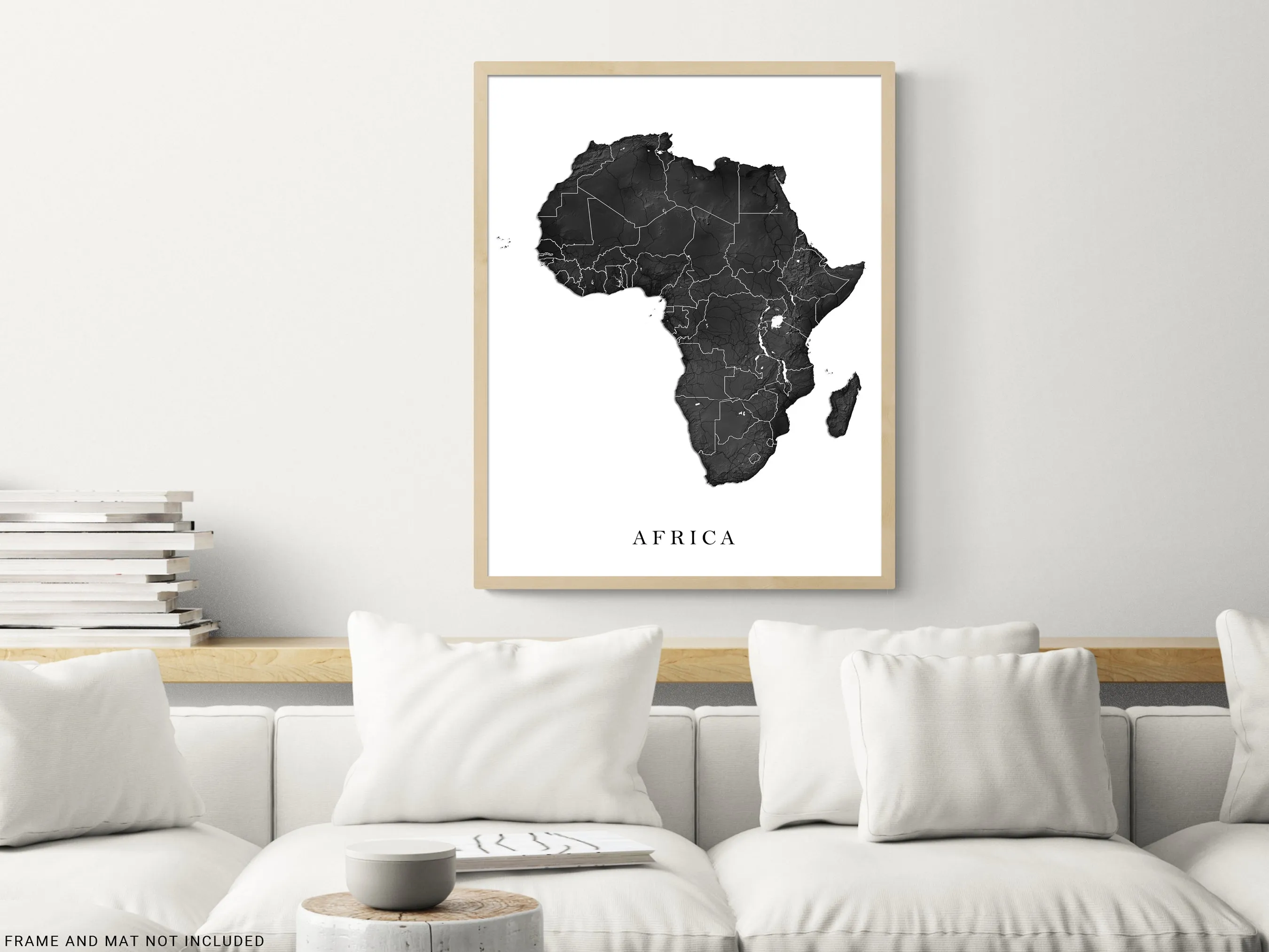 Africa Map Print Poster, Black and White Topographic Continent Wall Art Maps, Madagascar Cape Verde