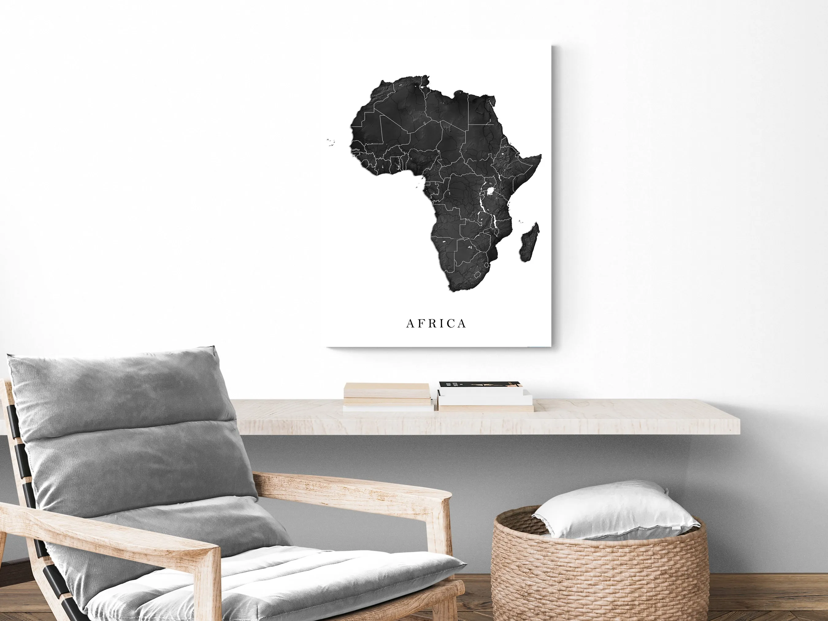 Africa Map Print Poster, Black and White Topographic Continent Wall Art Maps, Madagascar Cape Verde