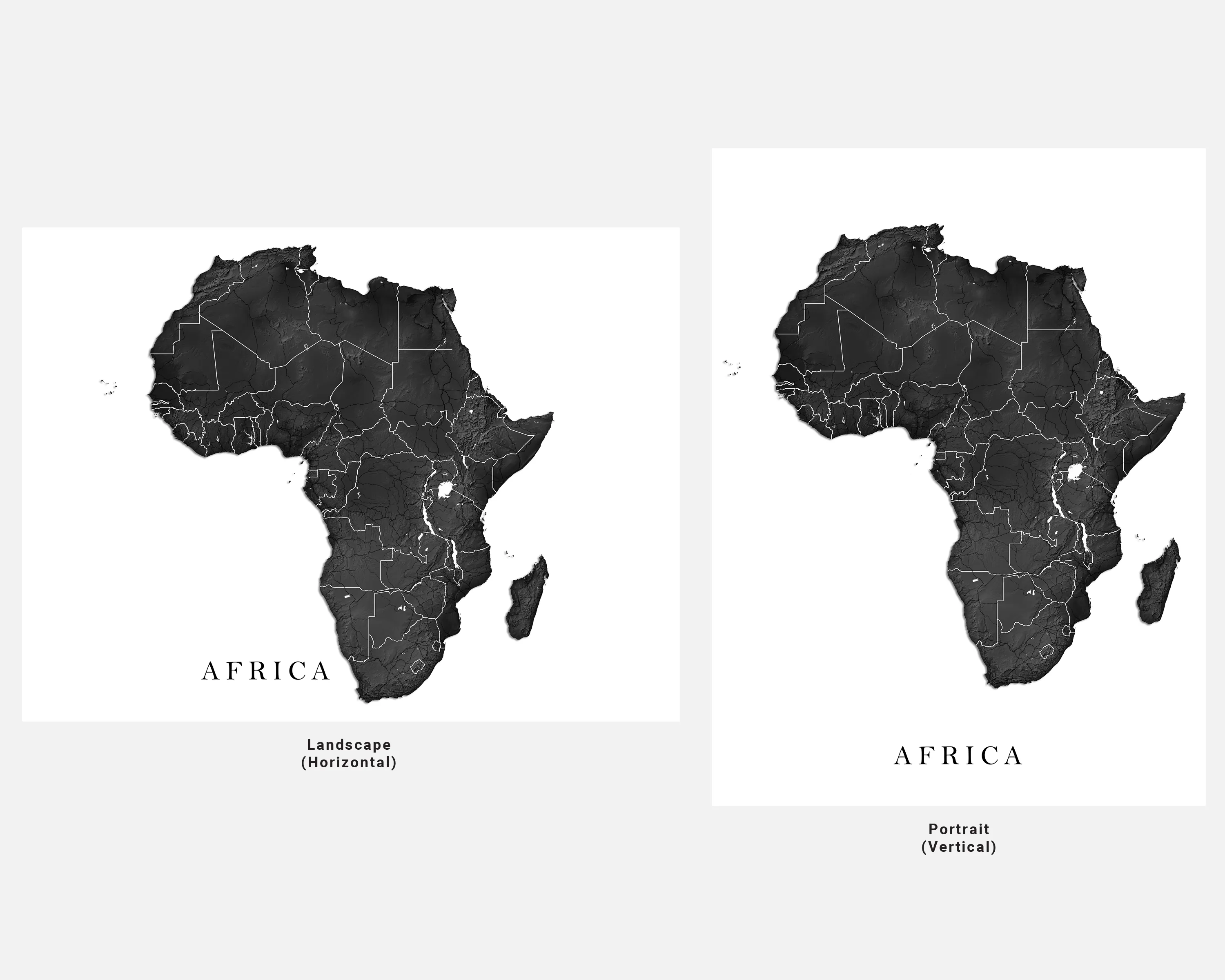 Africa Map Print Poster, Black and White Topographic Continent Wall Art Maps, Madagascar Cape Verde