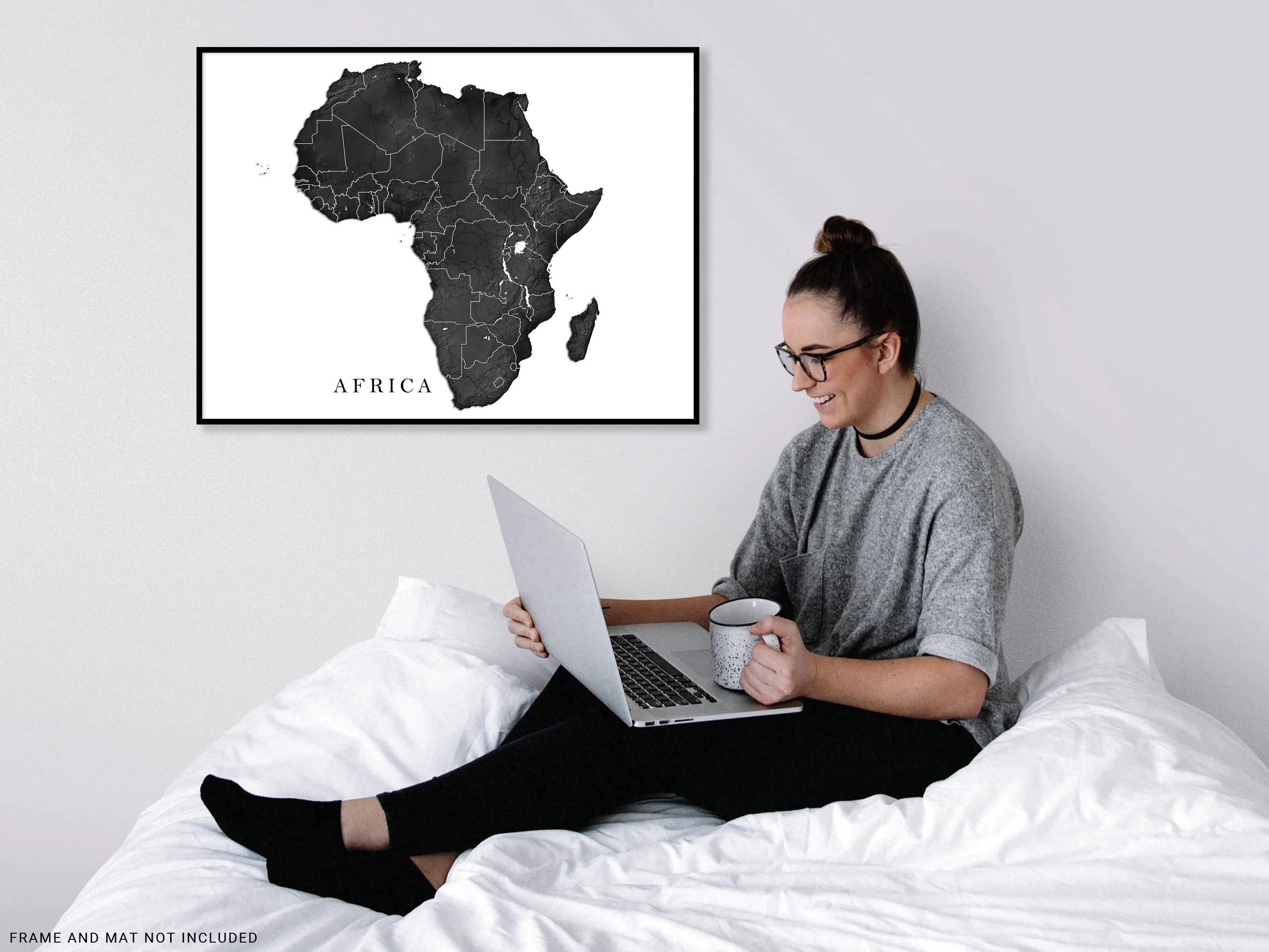 Africa Map Print Poster, Black and White Topographic Continent Wall Art Maps, Madagascar Cape Verde