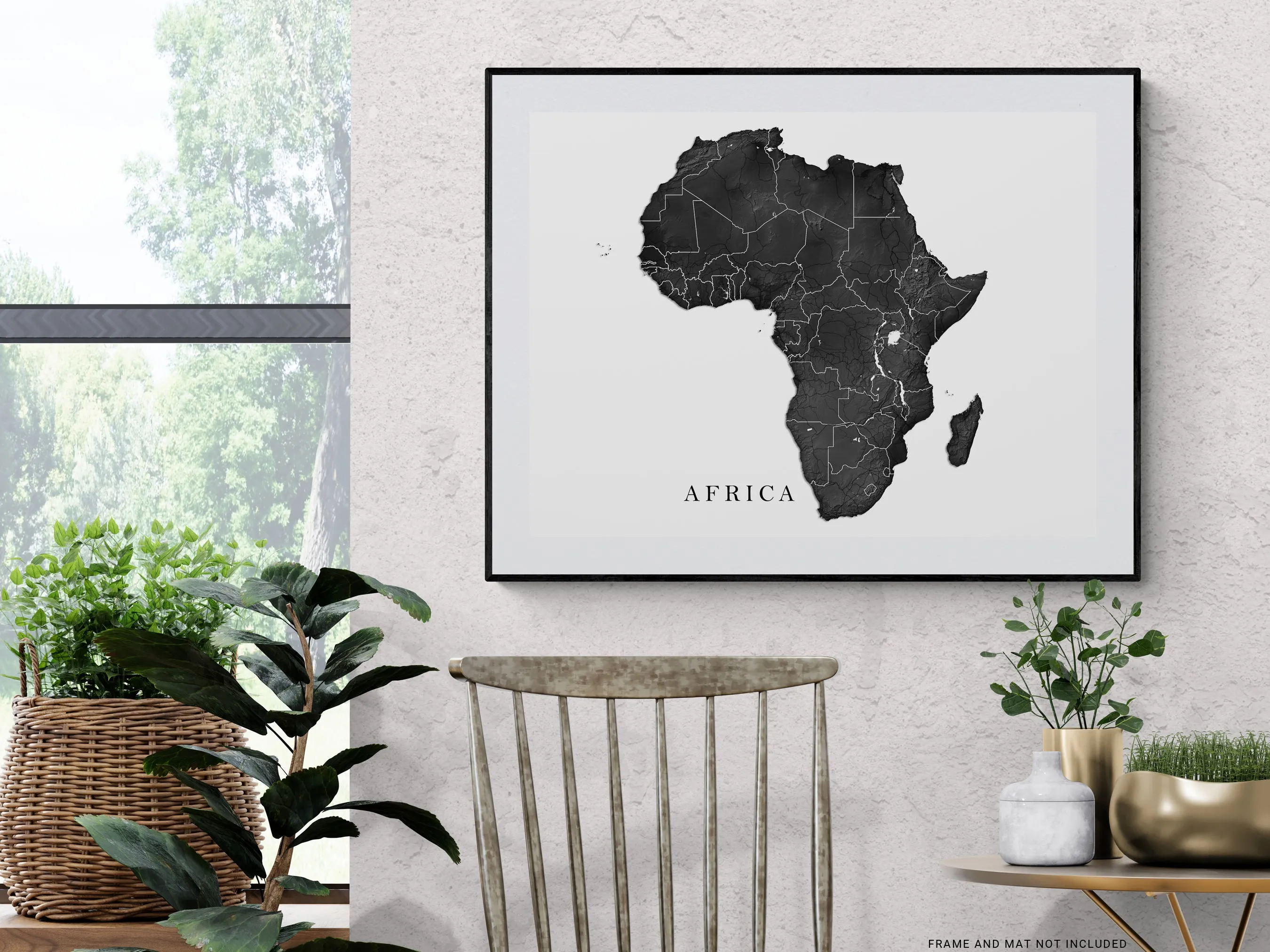 Africa Map Print Poster, Black and White Topographic Continent Wall Art Maps, Madagascar Cape Verde