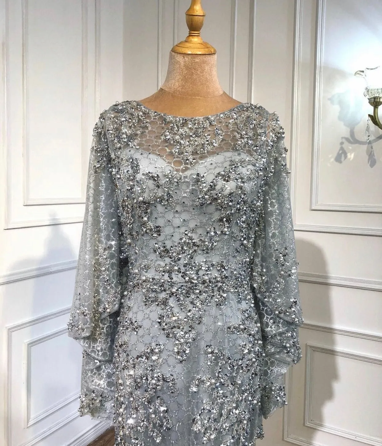 Amal Pearls Beading Embellished With Cape Evening Dress