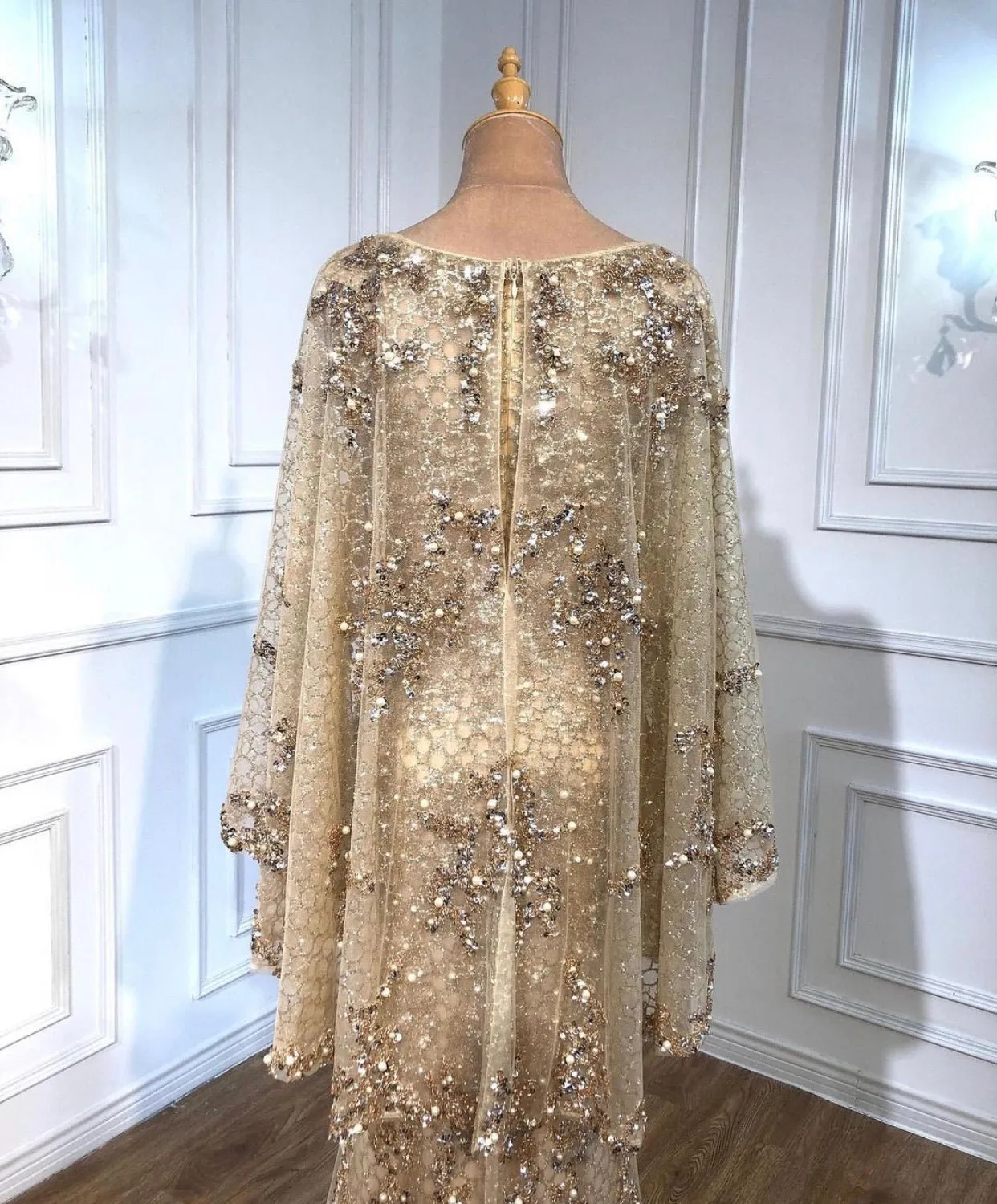 Amal Pearls Beading Embellished With Cape Evening Dress