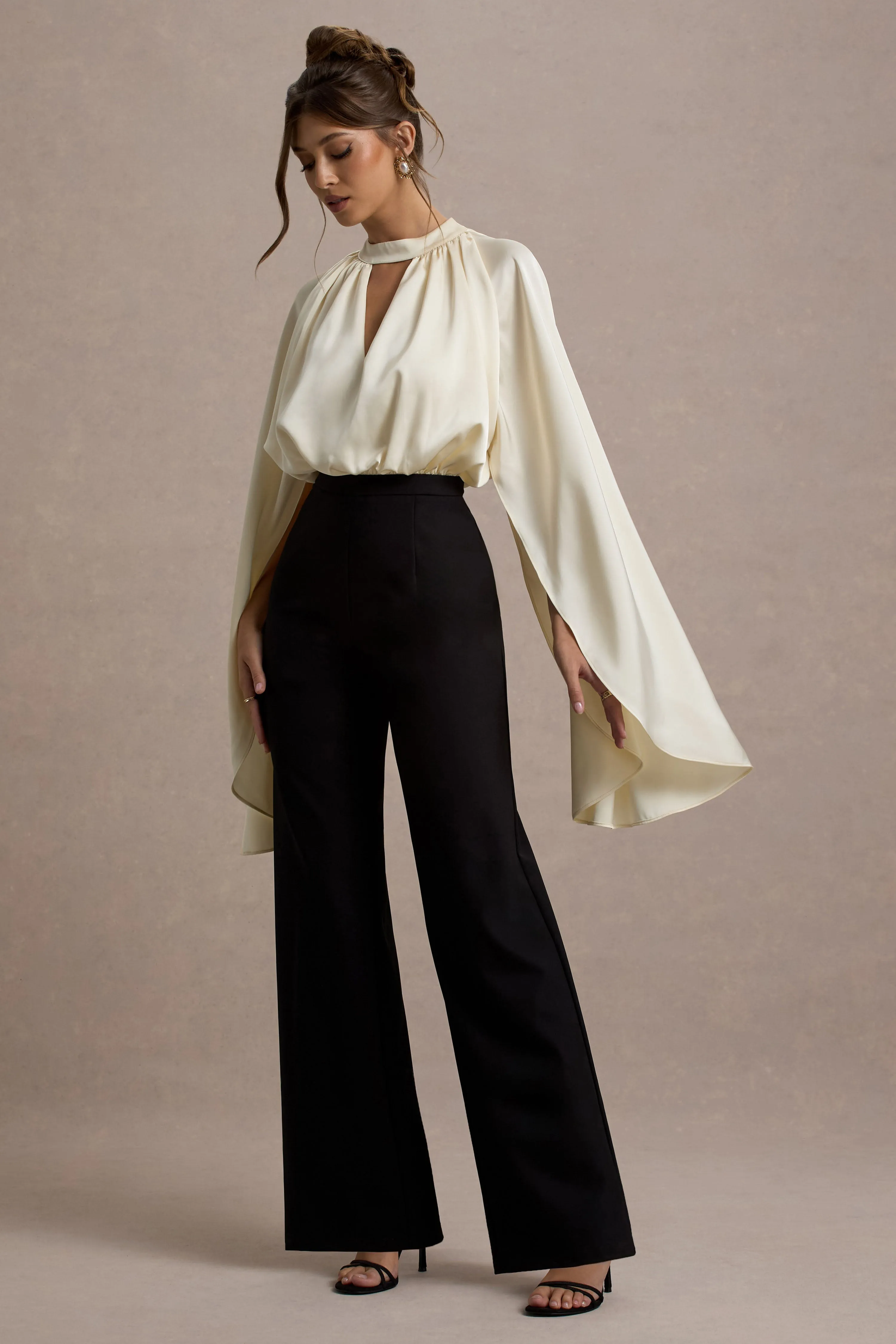 Amity | Black & Cream Wide-Leg Jumpsuit With Satin Cape Sleeves