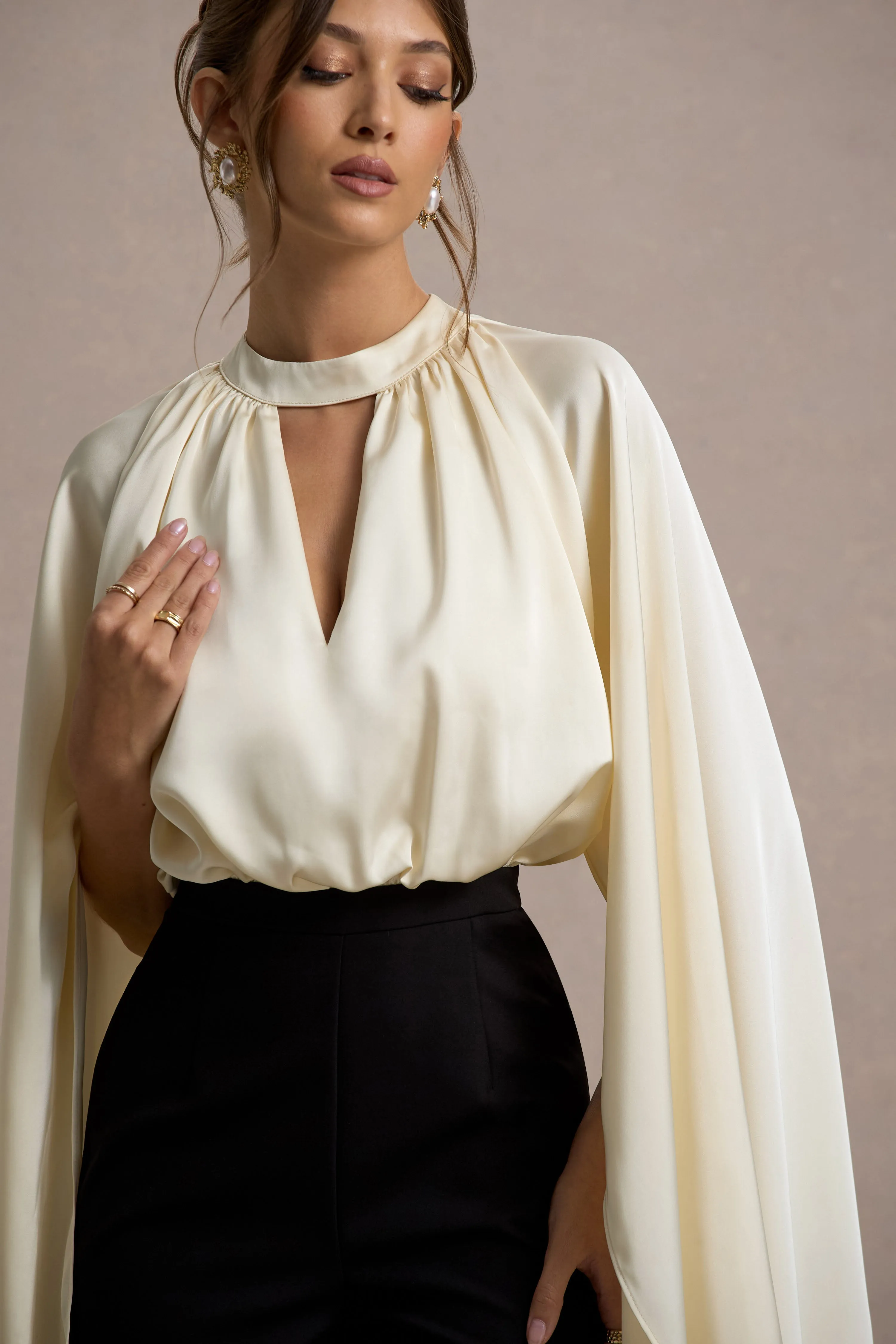 Amity | Black & Cream Wide-Leg Jumpsuit With Satin Cape Sleeves