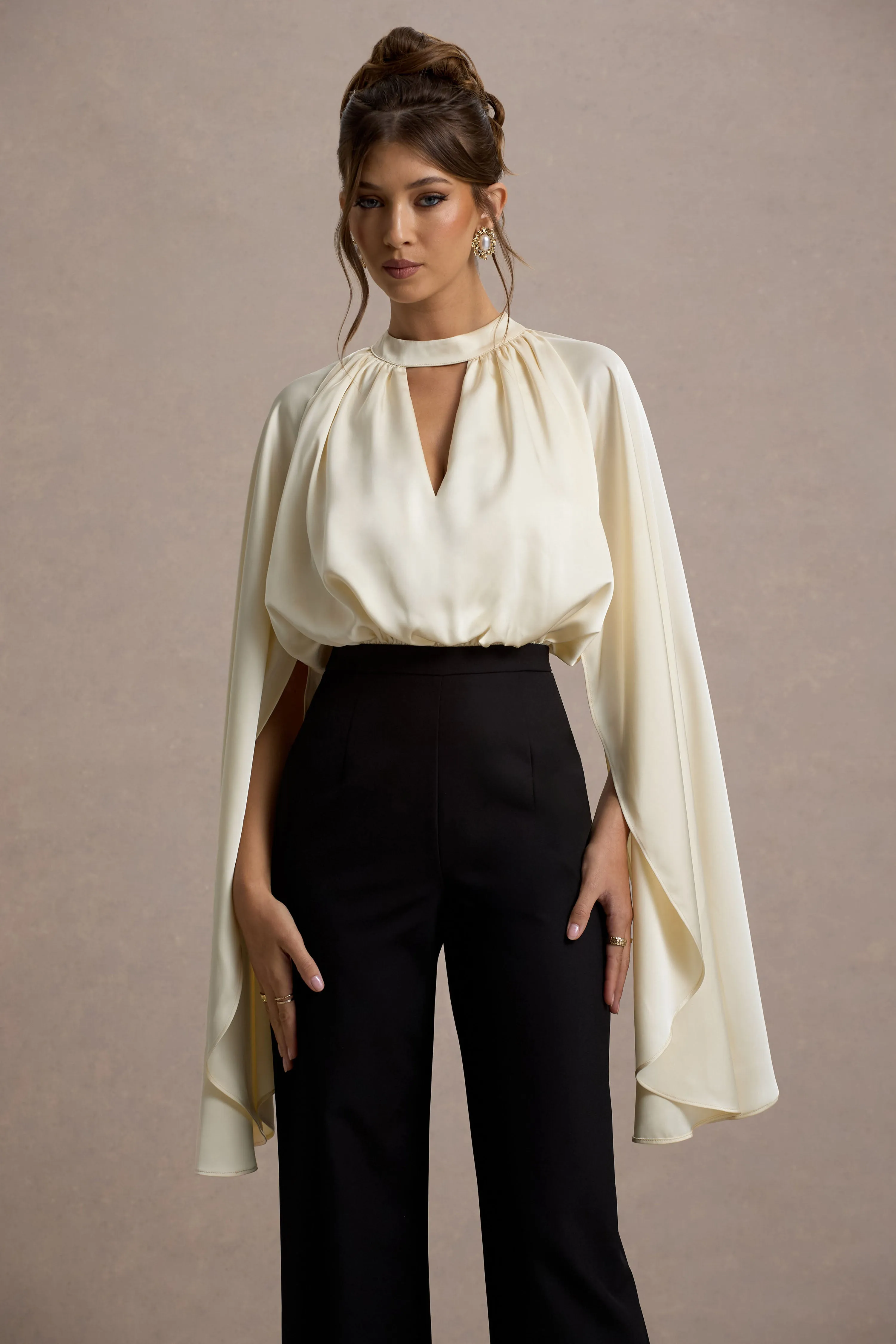 Amity | Black & Cream Wide-Leg Jumpsuit With Satin Cape Sleeves