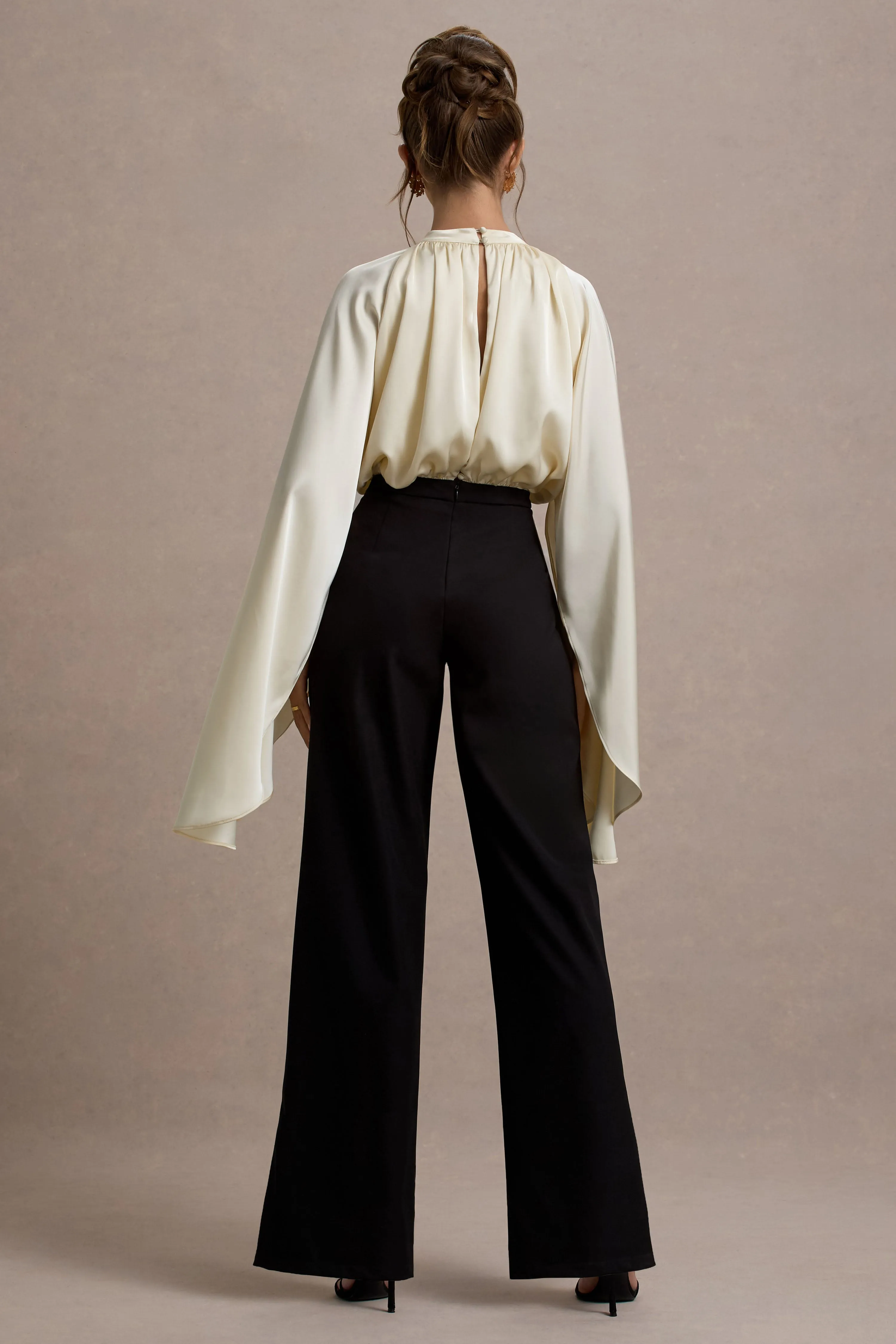 Amity | Black & Cream Wide-Leg Jumpsuit With Satin Cape Sleeves