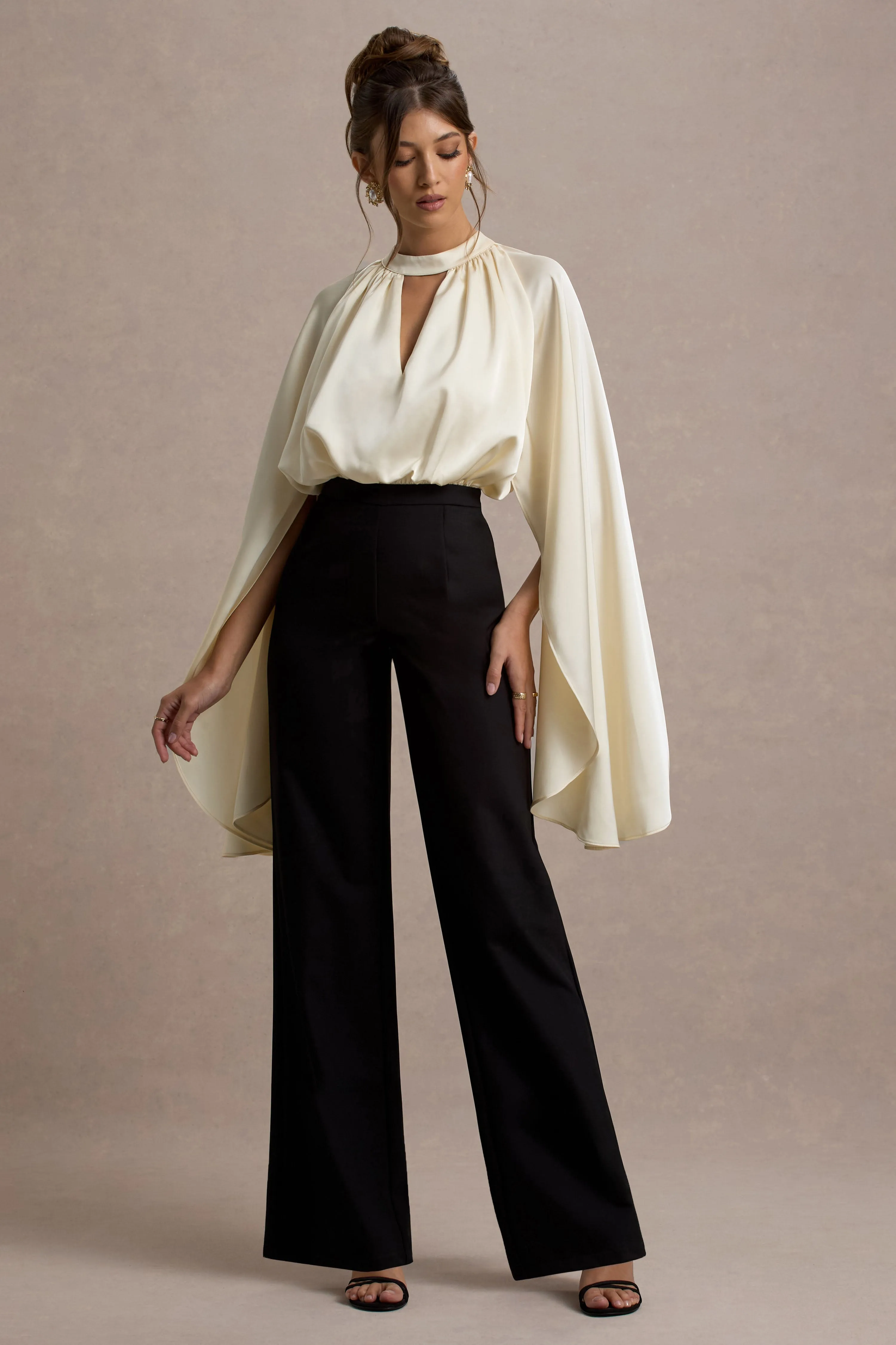 Amity | Black & Cream Wide-Leg Jumpsuit With Satin Cape Sleeves