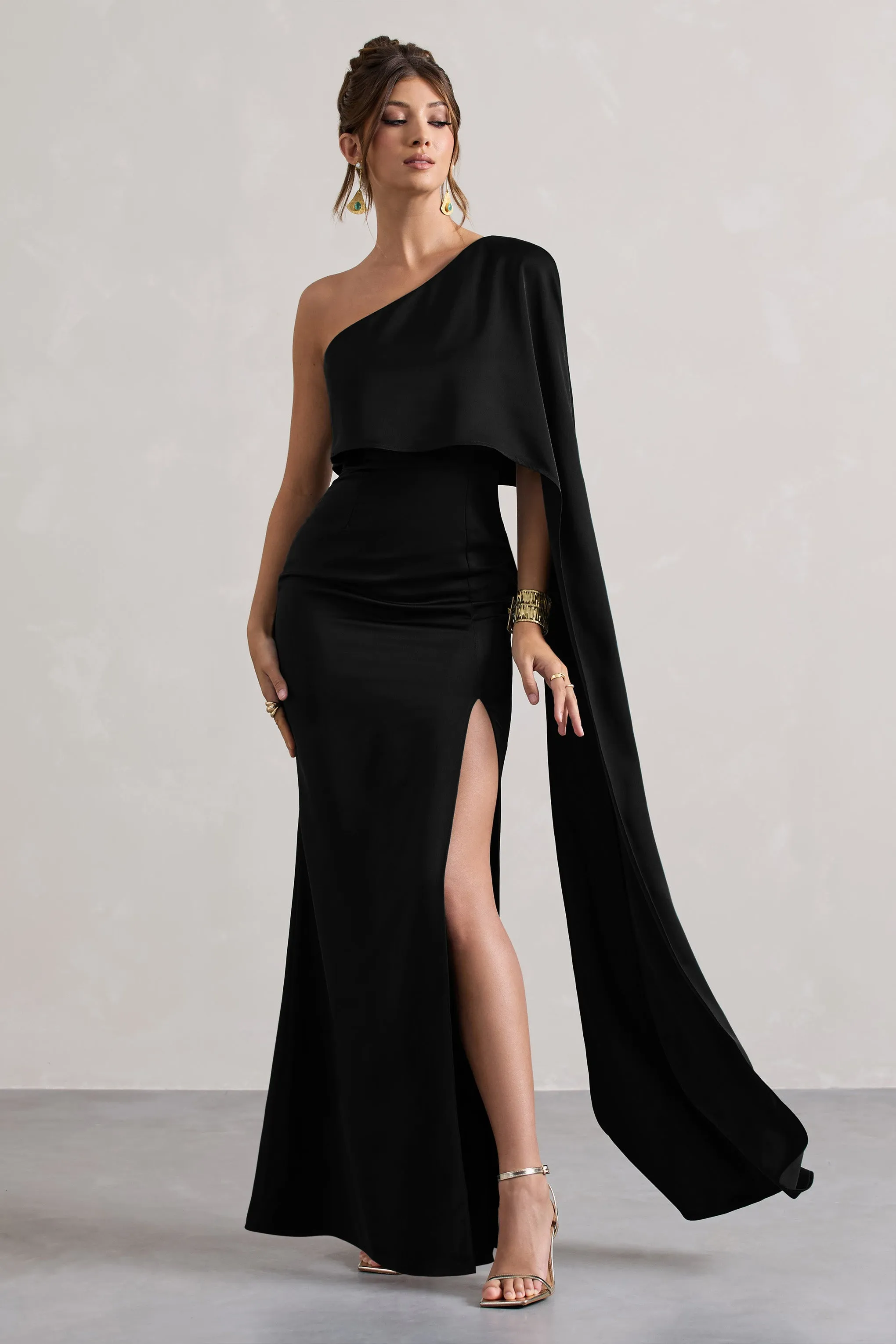 Amora | Black Satin Asymmetric Cape-Sleeve Split Maxi Dress