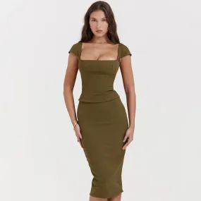 Amozae-hoco dresses Suninheart Elegant Knee Length Midi Dress Olive Green One Piece Women Dress Slim Square Neck and Cape Sleeve Office Lady Dress