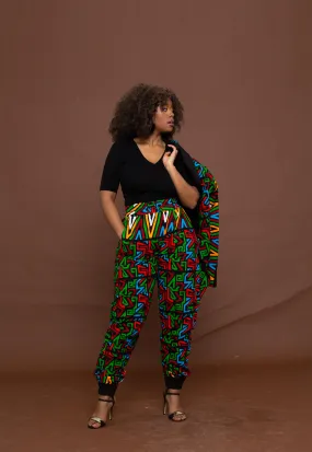 Anika High Waisted Trouser | Red and Green Multicoloured African Print