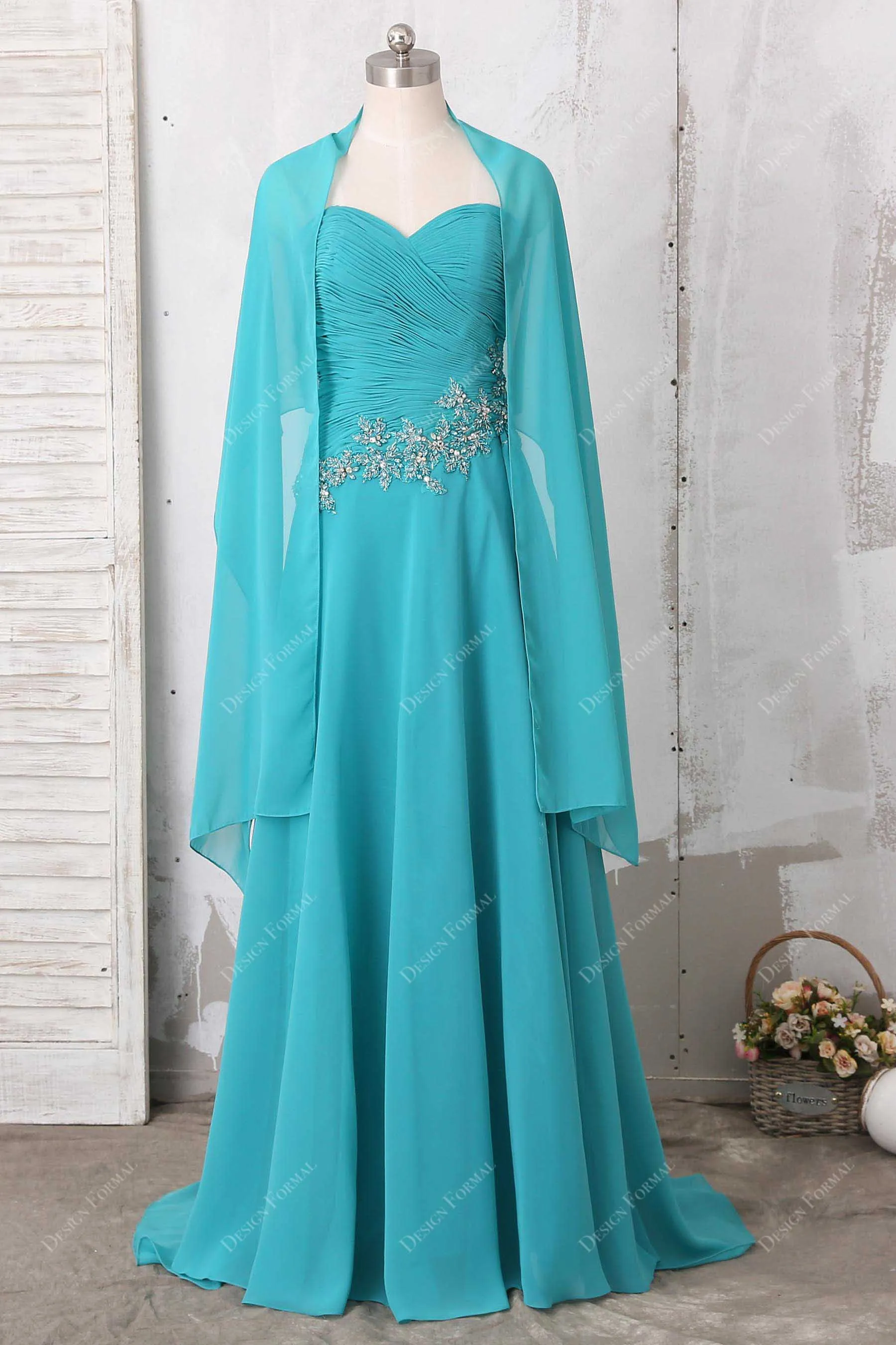 Aqua Beaded Chiffon Elegant Cape Long A-line Dress