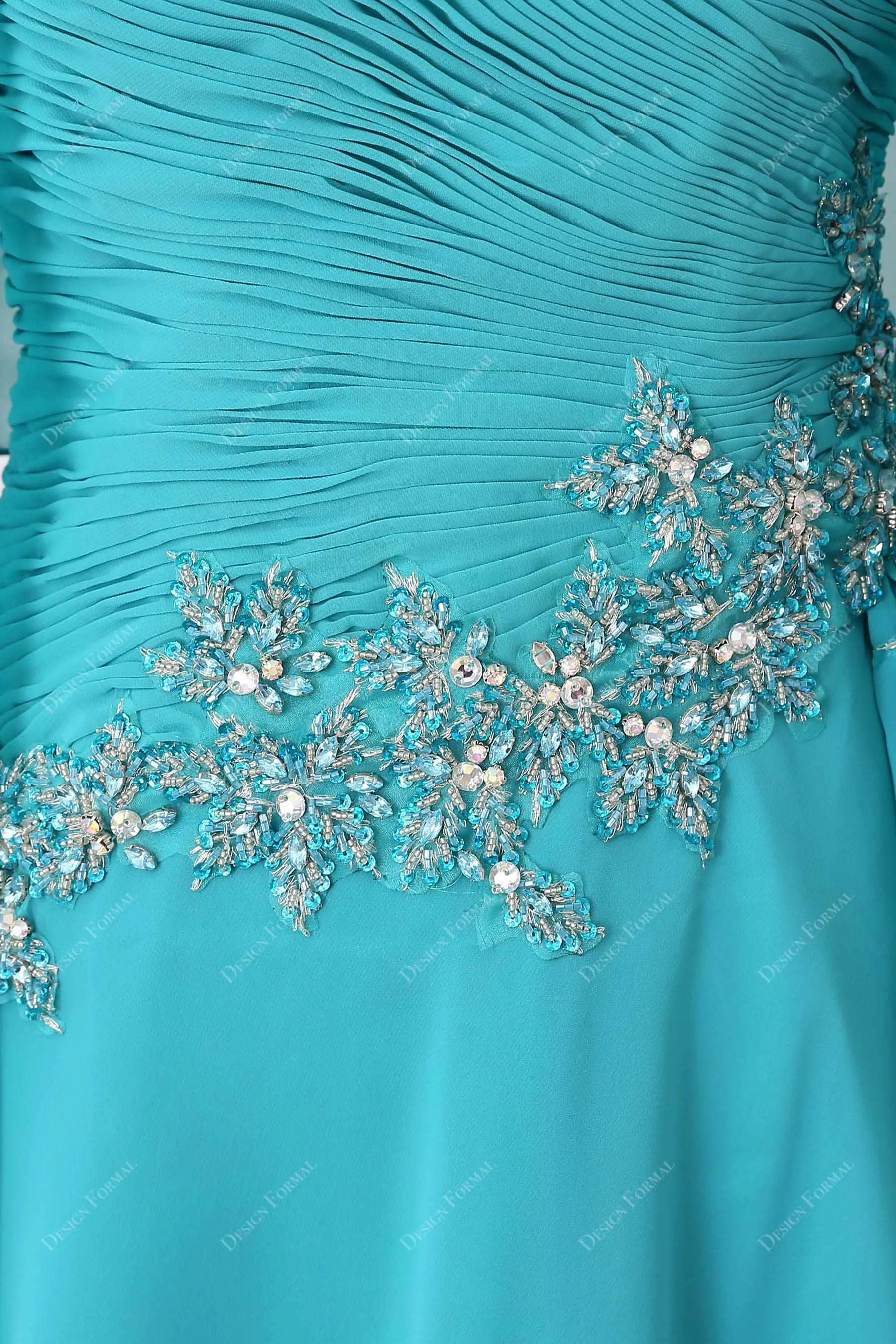 Aqua Beaded Chiffon Elegant Cape Long A-line Dress