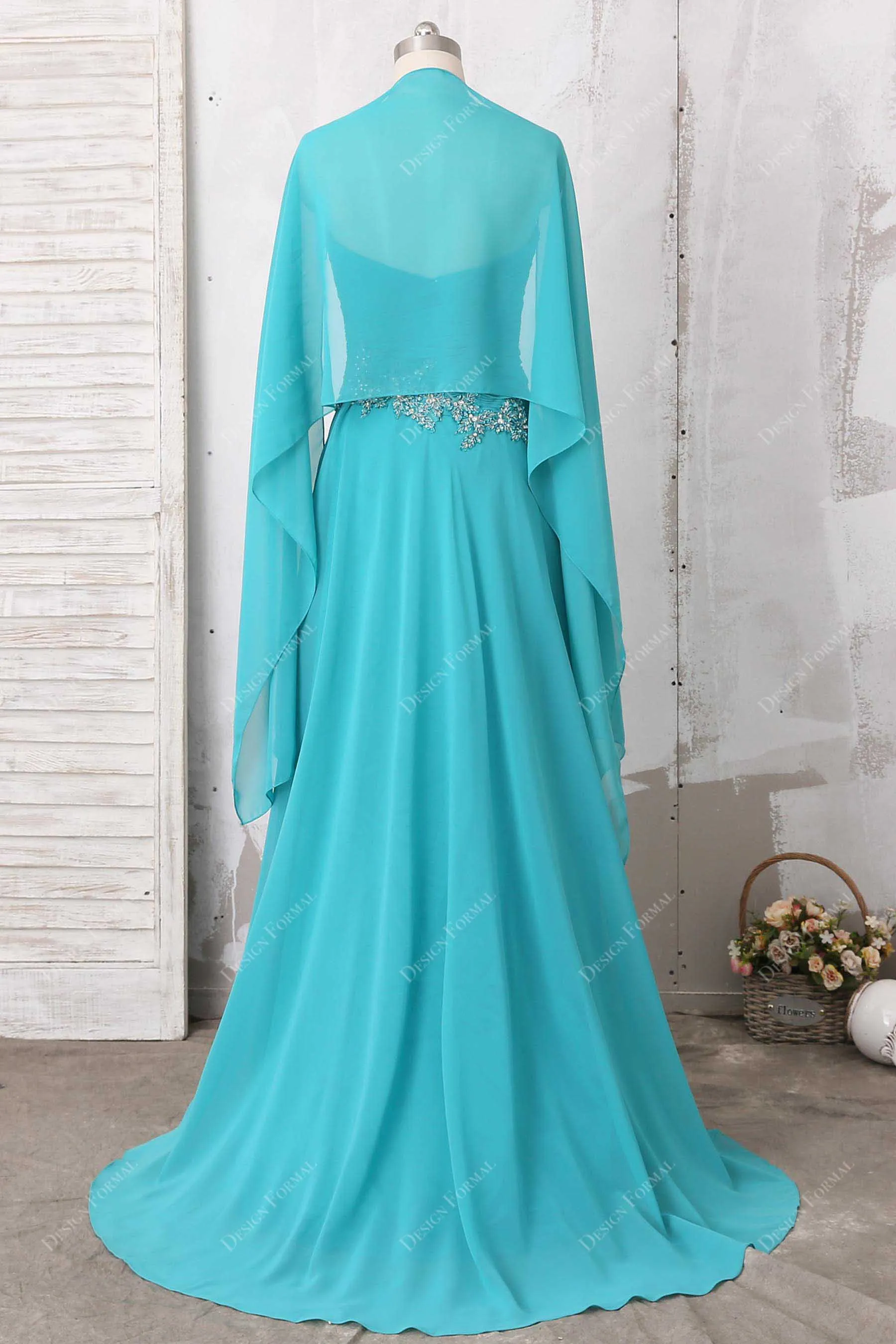 Aqua Beaded Chiffon Elegant Cape Long A-line Dress