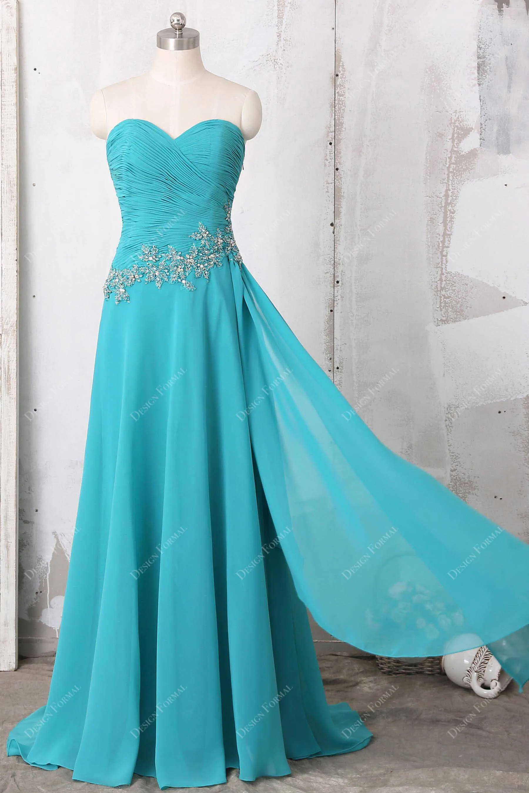 Aqua Beaded Chiffon Elegant Cape Long A-line Dress