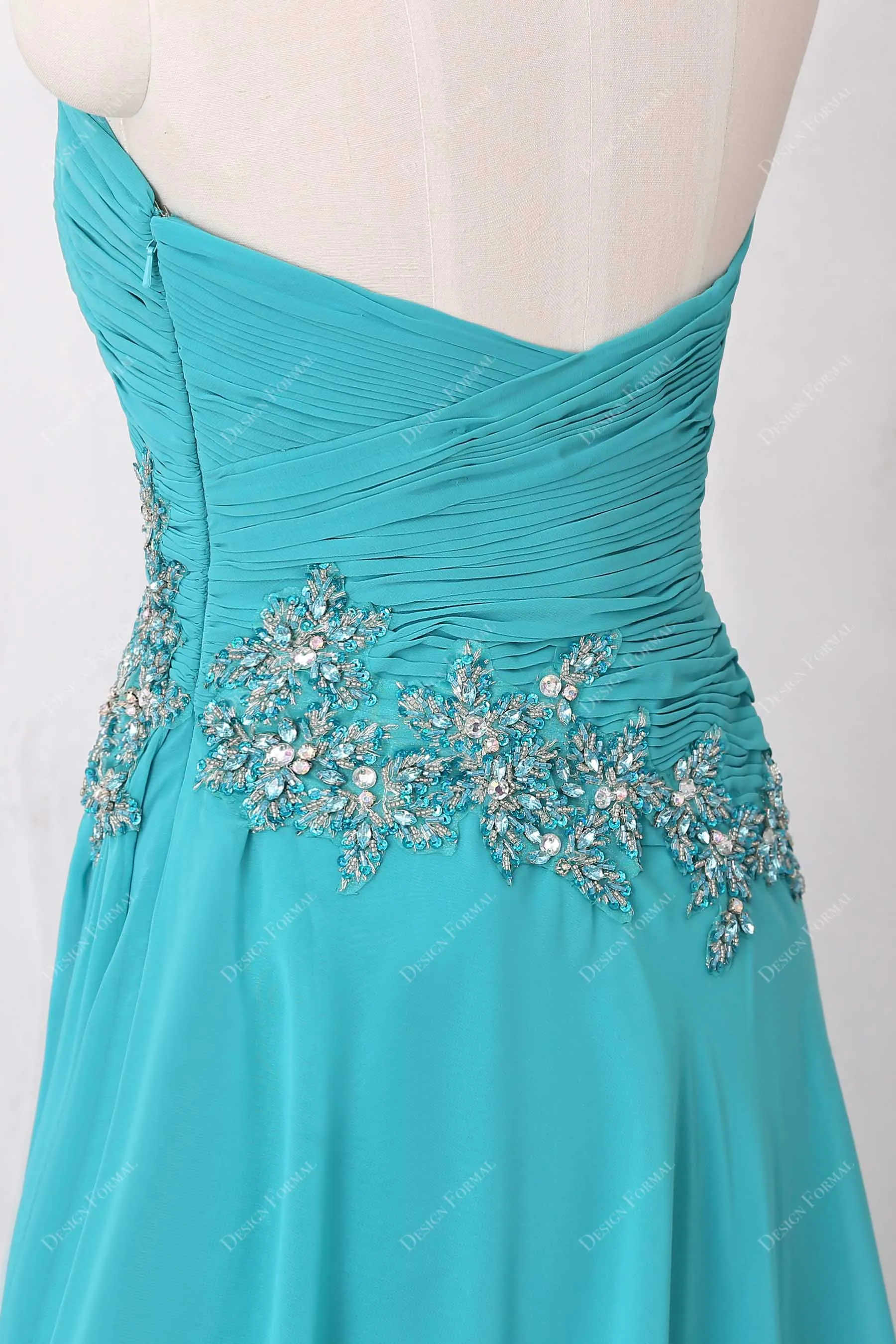 Aqua Beaded Chiffon Elegant Cape Long A-line Dress