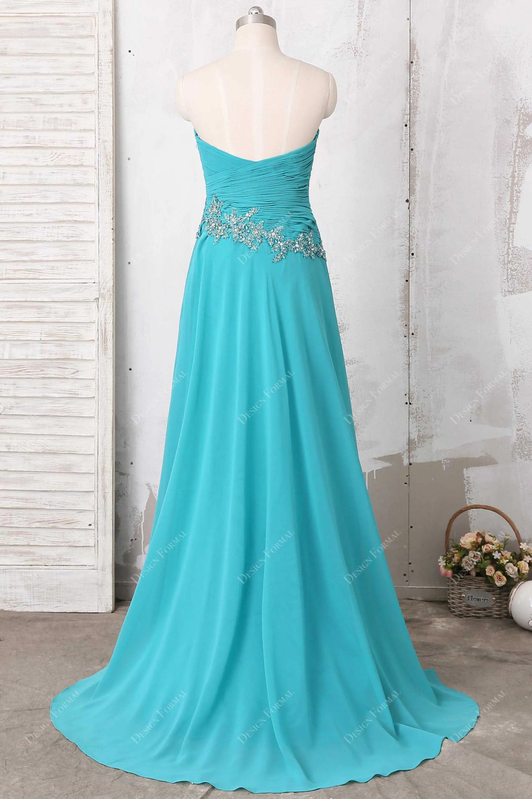 Aqua Beaded Chiffon Elegant Cape Long A-line Dress