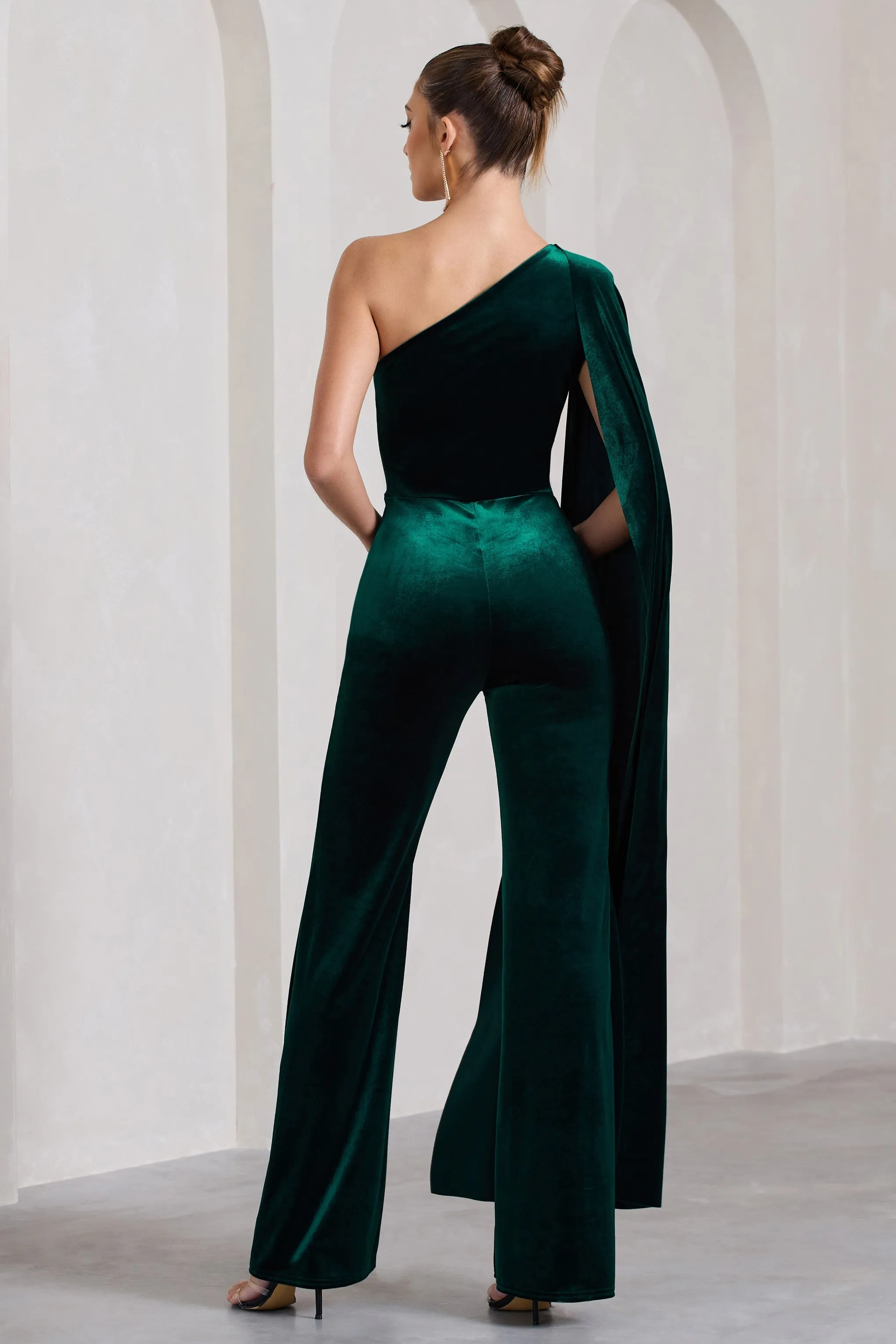 Aurora | Bottle Green Velvet One Shoulder Cape Sleeve Jumpsuit