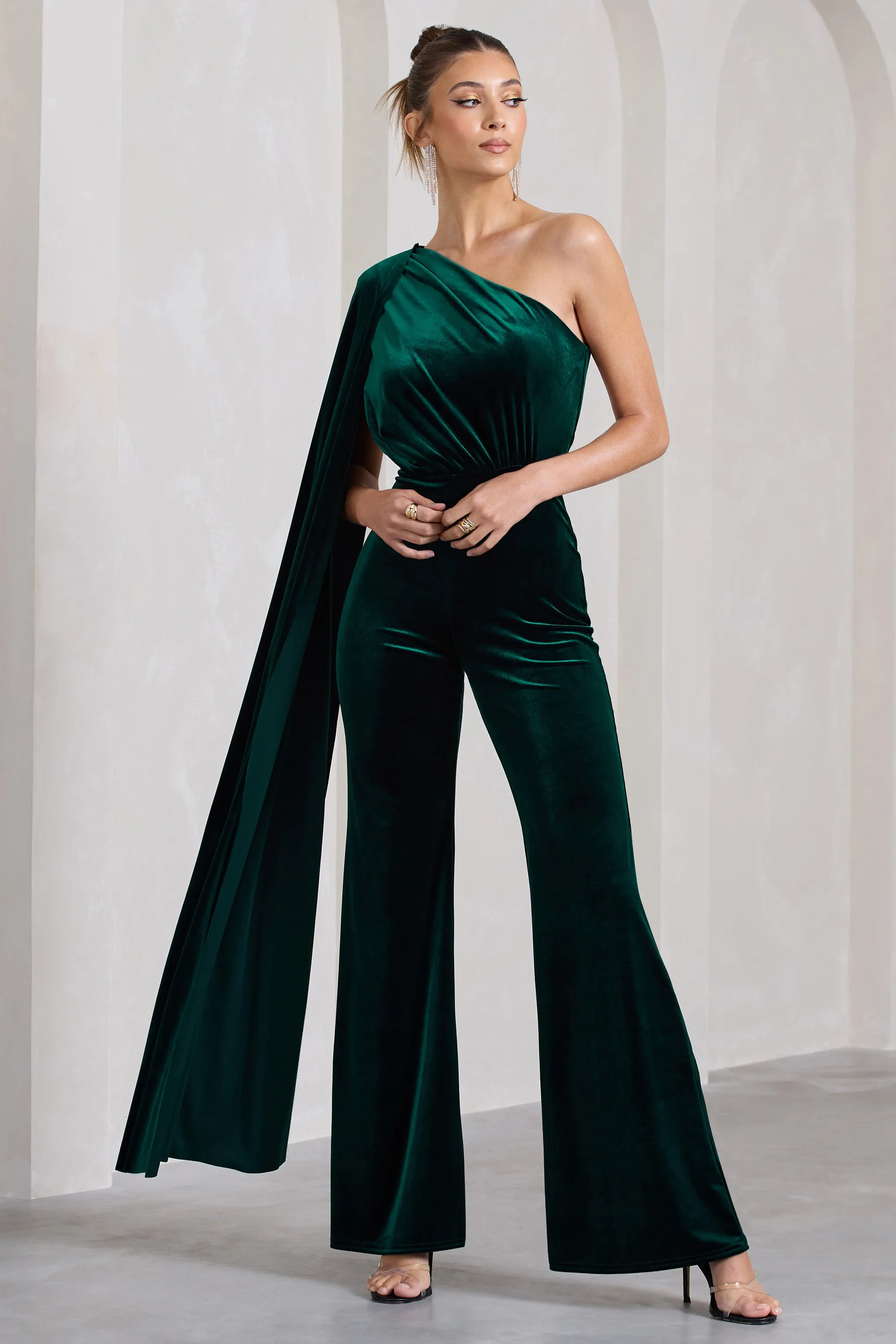 Aurora | Bottle Green Velvet One Shoulder Cape Sleeve Jumpsuit