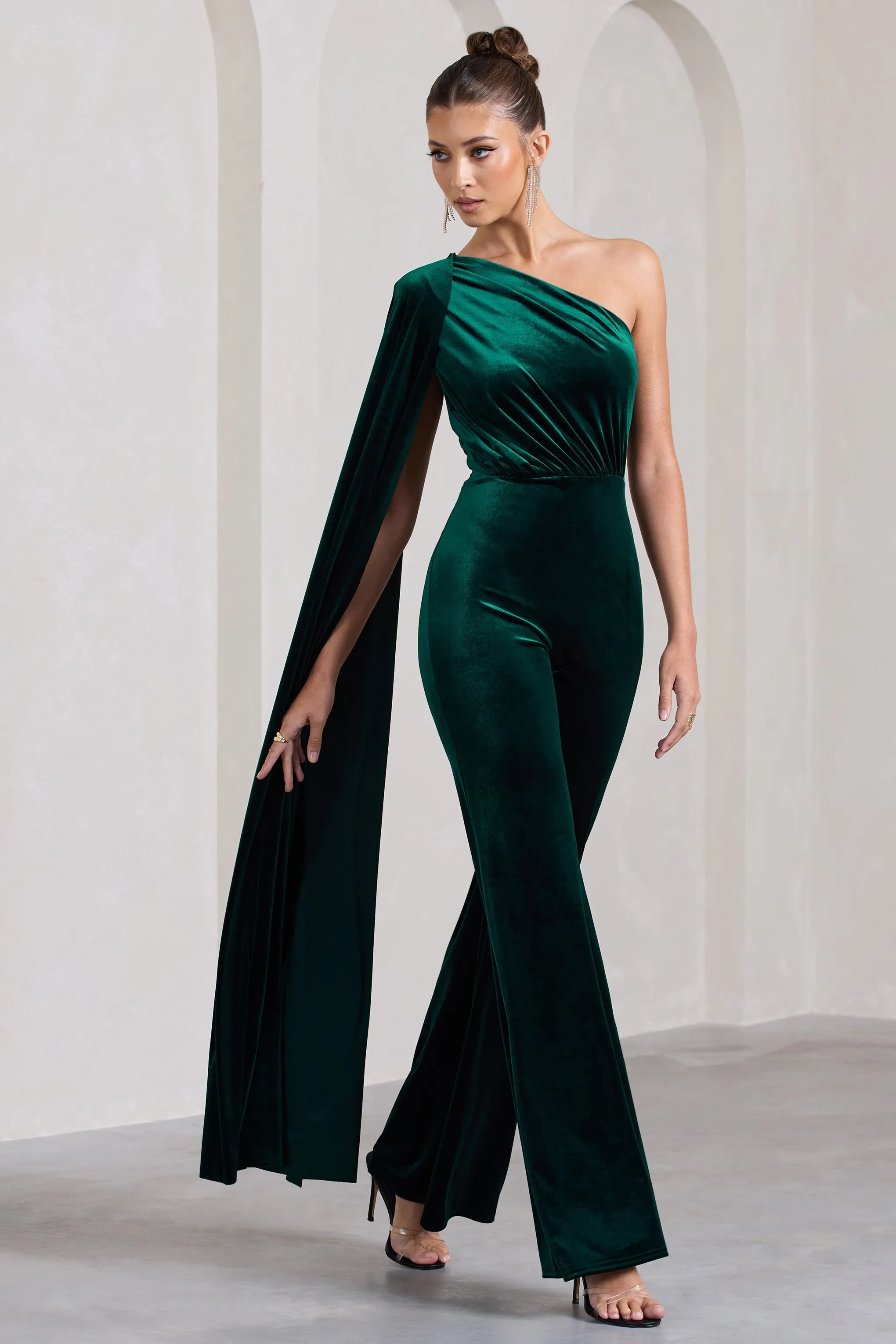 Aurora | Bottle Green Velvet One Shoulder Cape Sleeve Jumpsuit