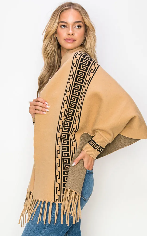 AV454 Double-Side Sleeve Cape Shawl with Fringe