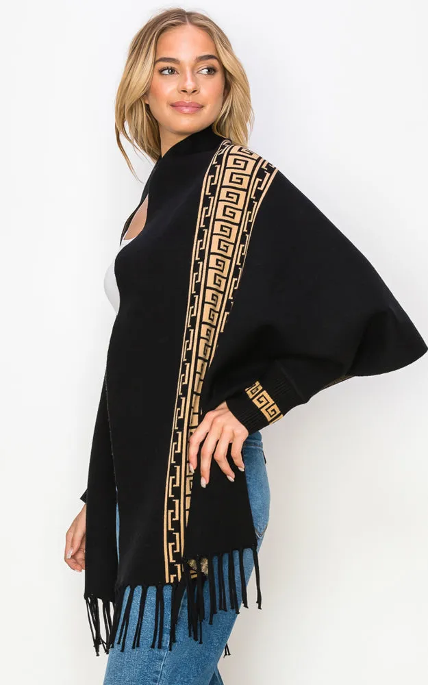 AV454 Double-Side Sleeve Cape Shawl with Fringe