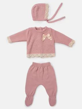 Baby Girl BELLA X Collection knitted 3 pieces set with bow- Dusty Pink