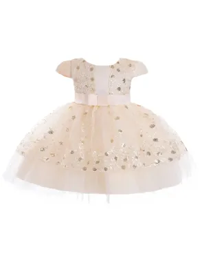 Baby Girls Champagne Sequin Embroidery Cape Sleeve Flower Girl Dress 6-24 Months