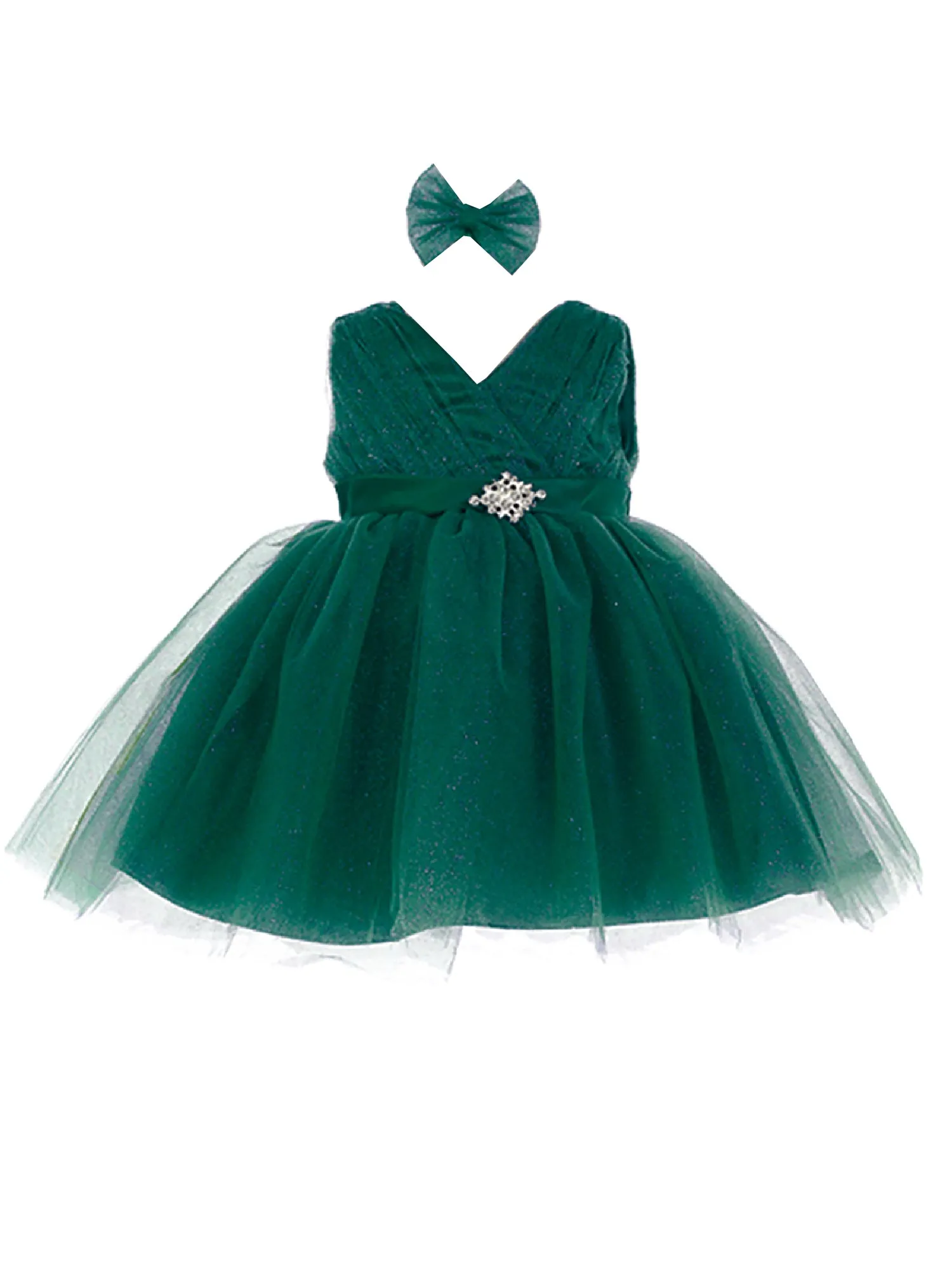 Baby Girls Emerald Green Satin Sash Pleated Tulle Flower Girl Dress 6-24M