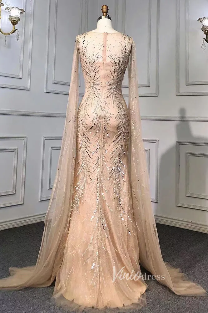 Beaded Sage Evening Dresses Removable Cape Sleeve Prom Dress FD3018