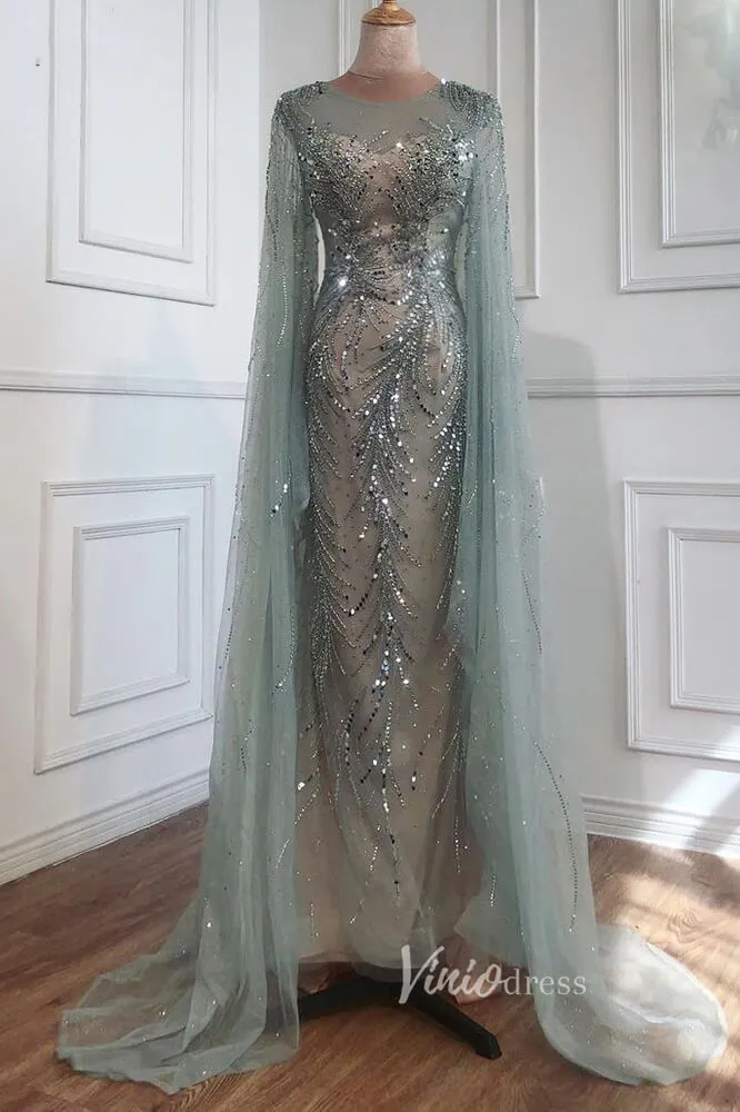 Beaded Sage Evening Dresses Removable Cape Sleeve Prom Dress FD3018