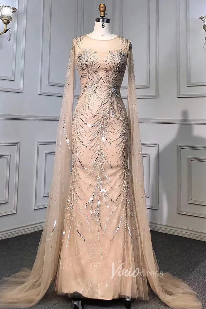 Beaded Sage Evening Dresses Removable Cape Sleeve Prom Dress FD3018