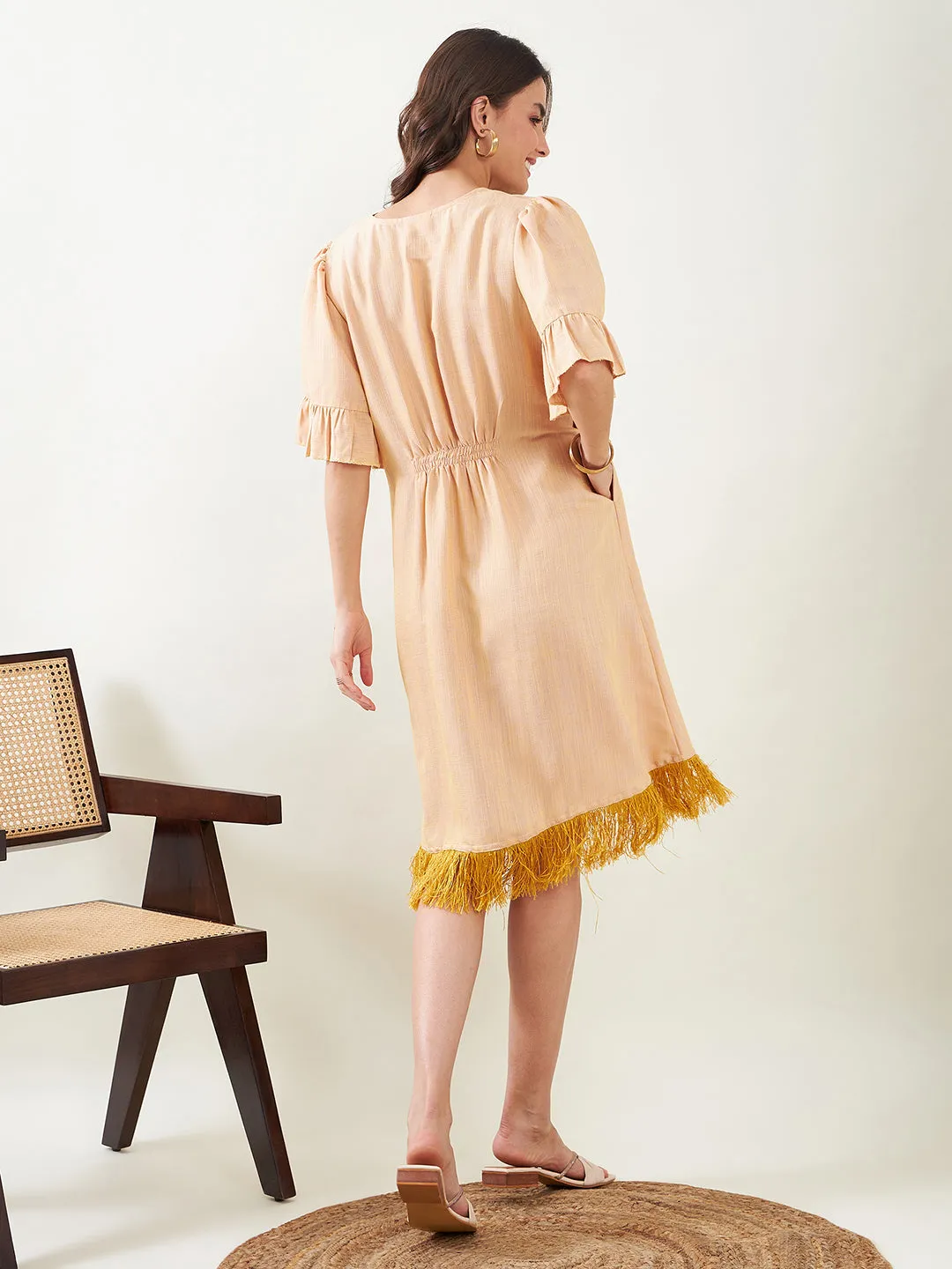 Beige Maternity Dress with Fringes