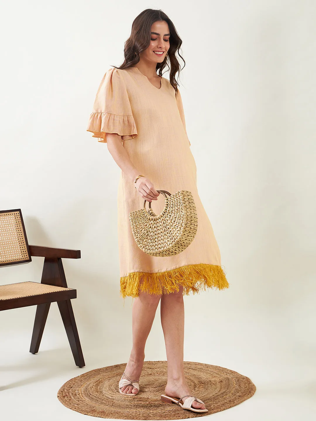 Beige Maternity Dress with Fringes