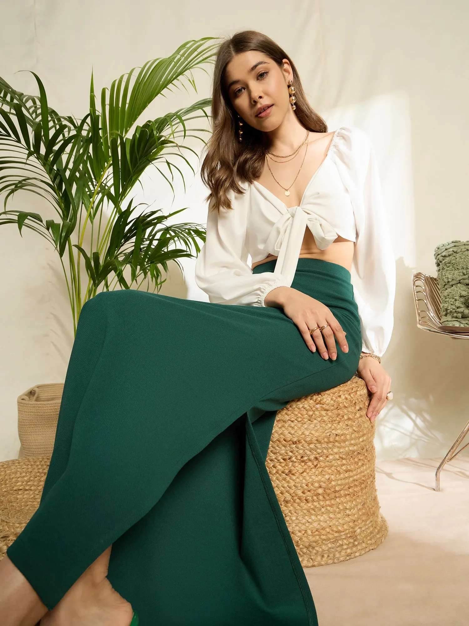 Berrylush Women Green Solid High Waisted Split-Thigh Maxi Skirt