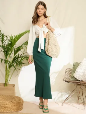 Berrylush Women Green Solid High Waisted Split-Thigh Maxi Skirt